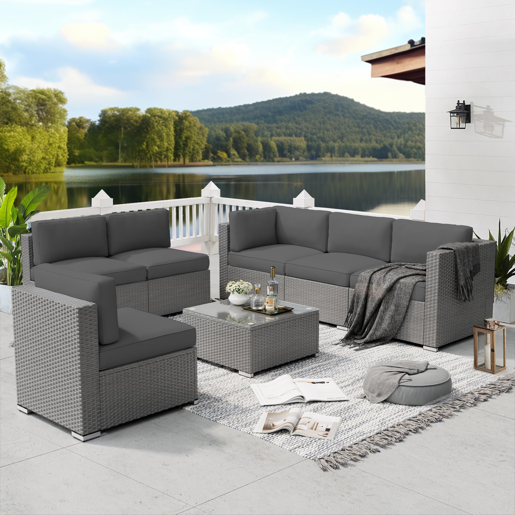 SOLAURA 7-Piece Outdoor Patio Furniture Set - Grey Wicker Sectional Sofa with Glass Coffee Table & Grey Cushions - Weather-Resistant Garden Conversation Seating for Backyard, Poolside or Terrace Relaxation