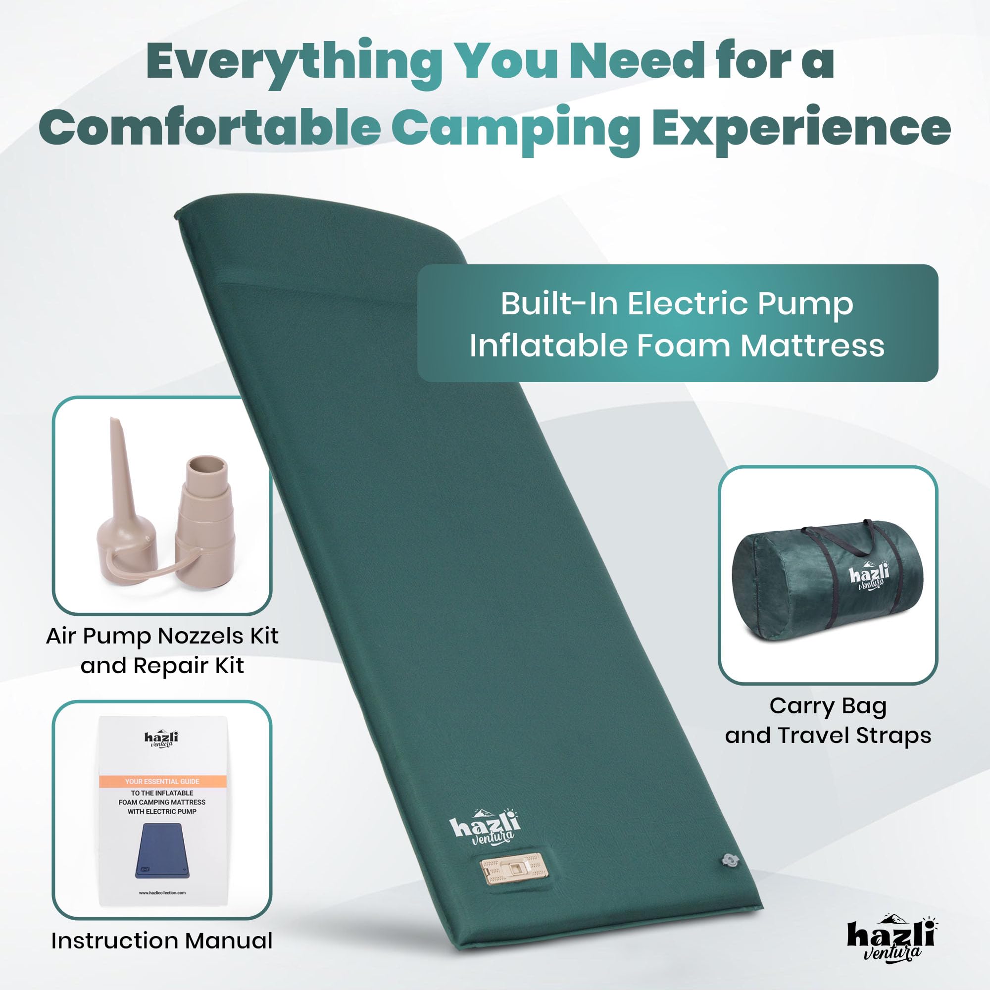 Hazli ComfortMax Self-Inflating Foam Camping Mattress with Pillow & Pump - 75