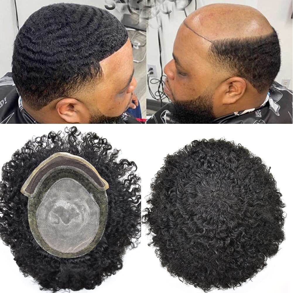 Afro Toupee for Black Men - Lace Front Replacement System with Poly Kinky Curly Human Hair - Injected PU Base - Natural Black Hairpiece for Daily Wear & Special Occasions