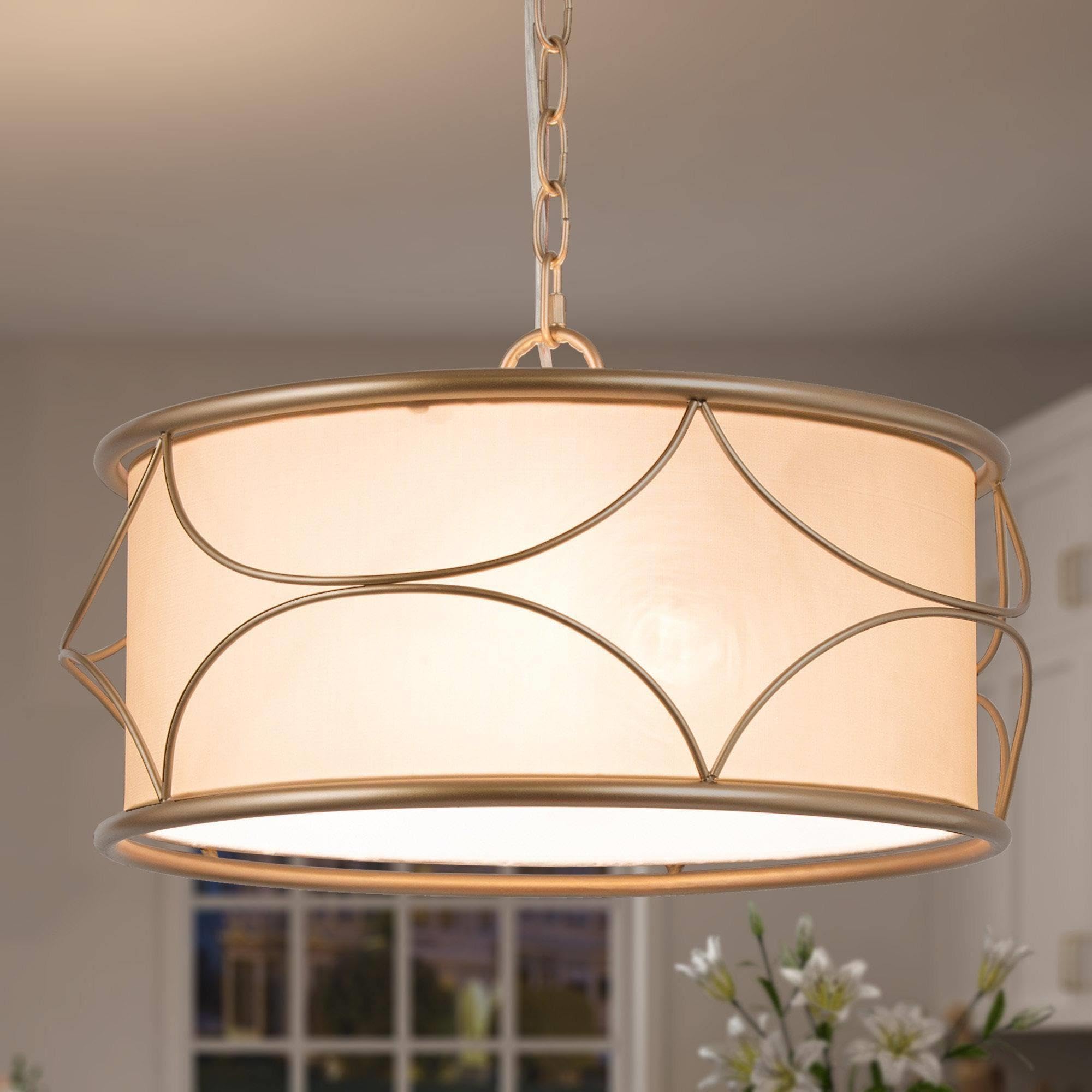 Optimant Lighting Gold Drum Chandelier - 3-Light Modern Pendant Light Fixture for Dining Room, Bedroom, Kitchen | Dimmable LED Ceiling Light for Home Decor & Interior Design | Perfect for Farmhouse, Contemporary or Transitional Style Spaces
