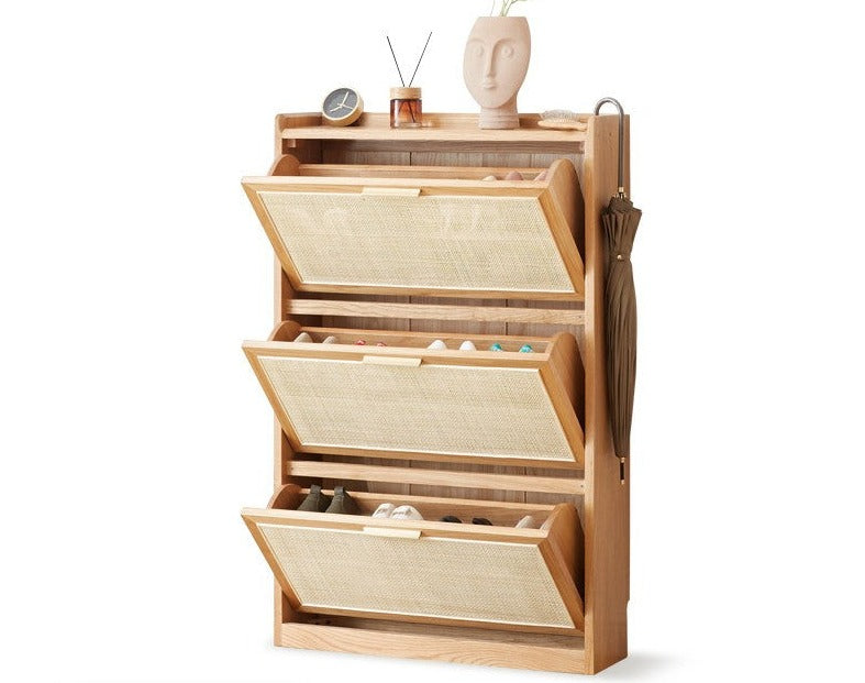 Oak Solid Wood Ultra Thin Flap Door Rattan Shoe Cabinet - Space Saving Entryway Storage Organizer for Hallway, Closet & Mudroom