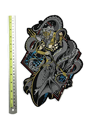 Large Embroidered Back Patch - Poseidon vs Kraken Mythological Battle Design | Perfect for Denim Jackets, Biker Vests & DIY Punk Fashion