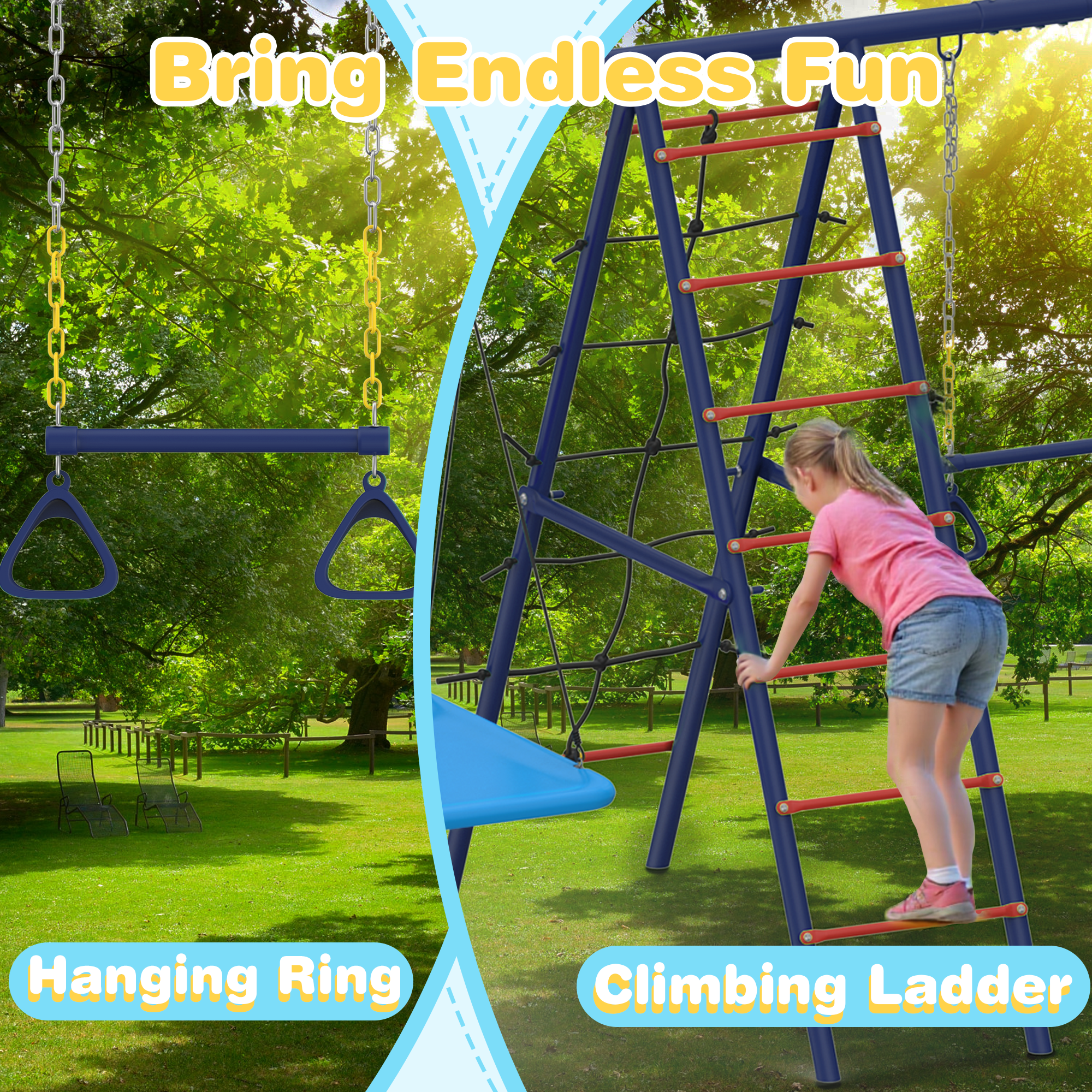 EROMMY 5-in-1 Lifetime Swing Set for Kids - Square Swing, Belt Swing, Climbing Ladder, Basketball Hoop & Hanging Rings - 440 lbs Weight Capacity - Perfect for Backyard Playground, Outdoor Family Fun & Kids Exercise
