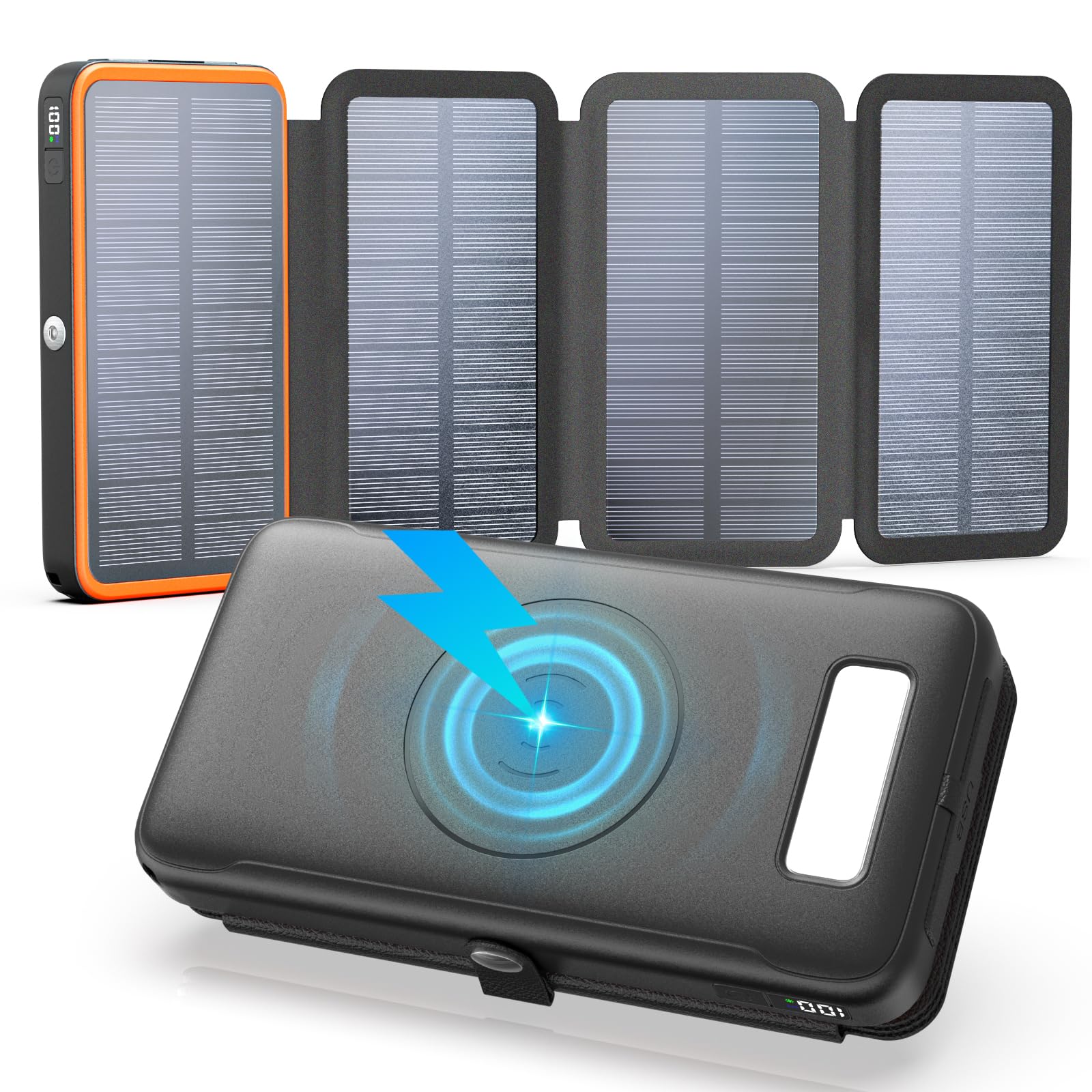 FEELLE 27000mAh Solar Power Bank with Wireless Charging | 4 Solar Panels, 22.5W Fast Charging, USB-C PD+QC3.0 | Portable Charger for iPhone, Samsung, Android | Perfect for Camping, Hiking & Emergency Power Backup