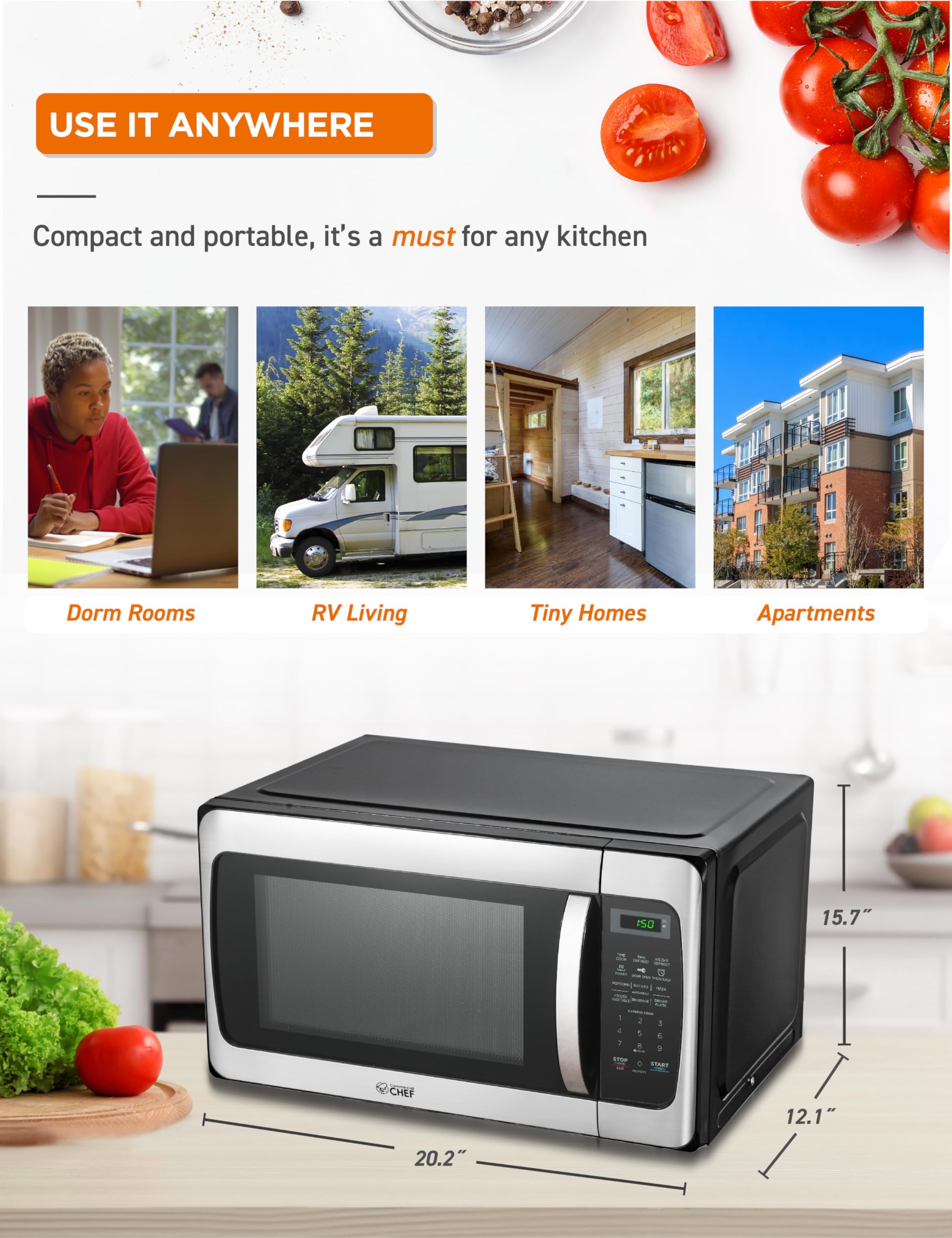 Commercial Chef 1.1 Cu Ft 1000W Countertop Microwave - 10 Power Levels, Push Button Door Lock, Digital Controls & Turntable - Stainless Steel - Perfect for Home Kitchens, Offices & Dorm Rooms