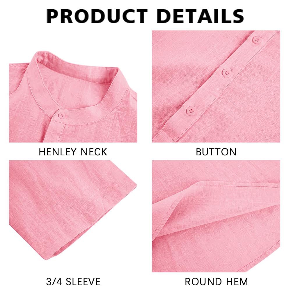 Ryannology Men's Linen Shirts - Breathable 3/4 Sleeve Henley T-Shirt for Summer | Casual Cotton Regular Fit Top for Beach, Yoga & Outdoor Activities