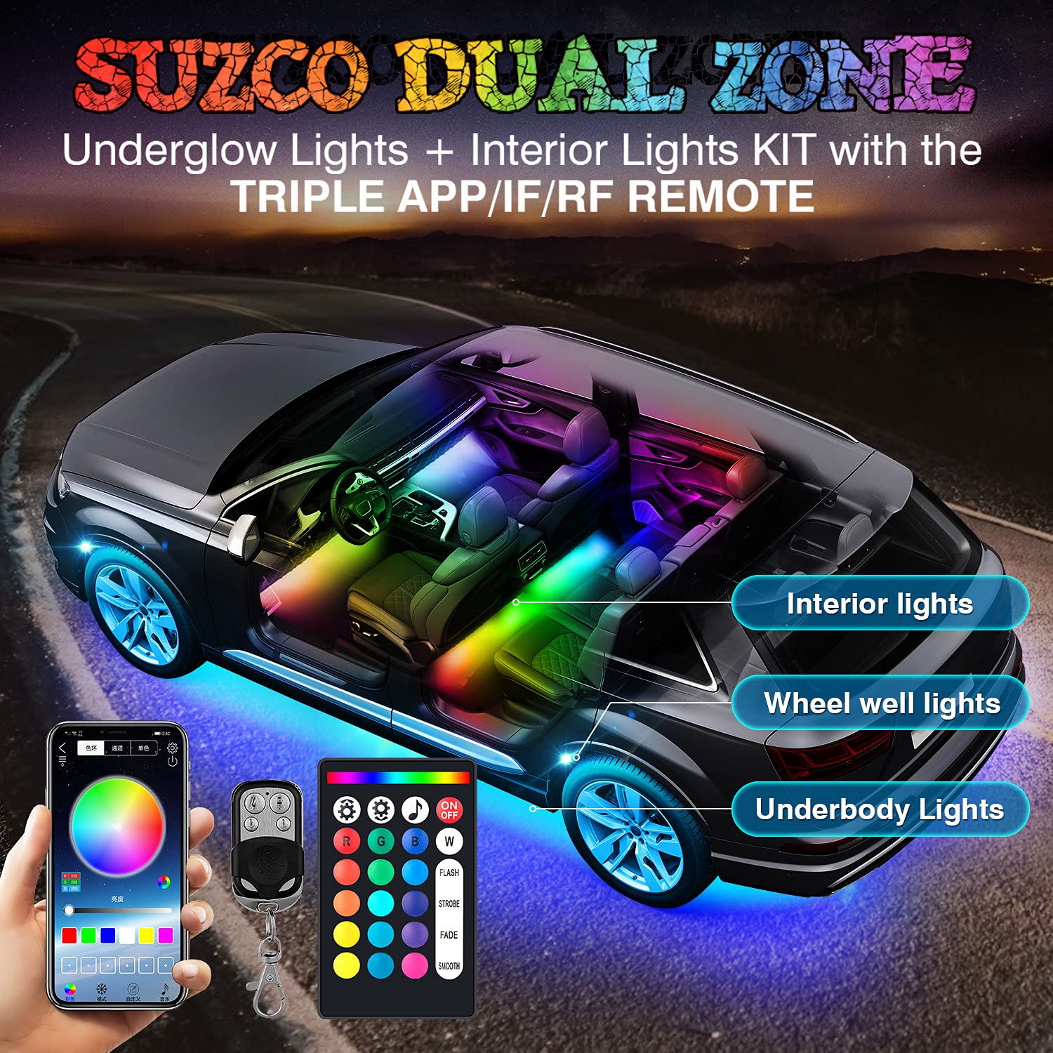 8Pods RGB LED Rock Underglow Underbody Wheel Light Kit with APP/RF/IR Control - Dual-Zone Interior Lighting, Music Sync, Waterproof 12V for Cars, Trucks, SUVs & ATVs - Perfect for Off-Roading, Car Shows & Night Cruising