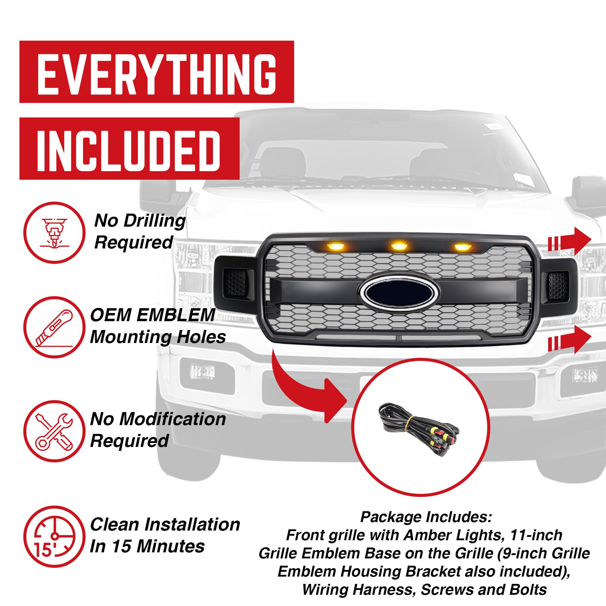Raptor Style Mesh Grille with Amber LED Lights & Emblem Base for 2018-2020 Ford F150 | Matte Black | Off-Road & Street Upgrade | Enhanced Style & Durability
