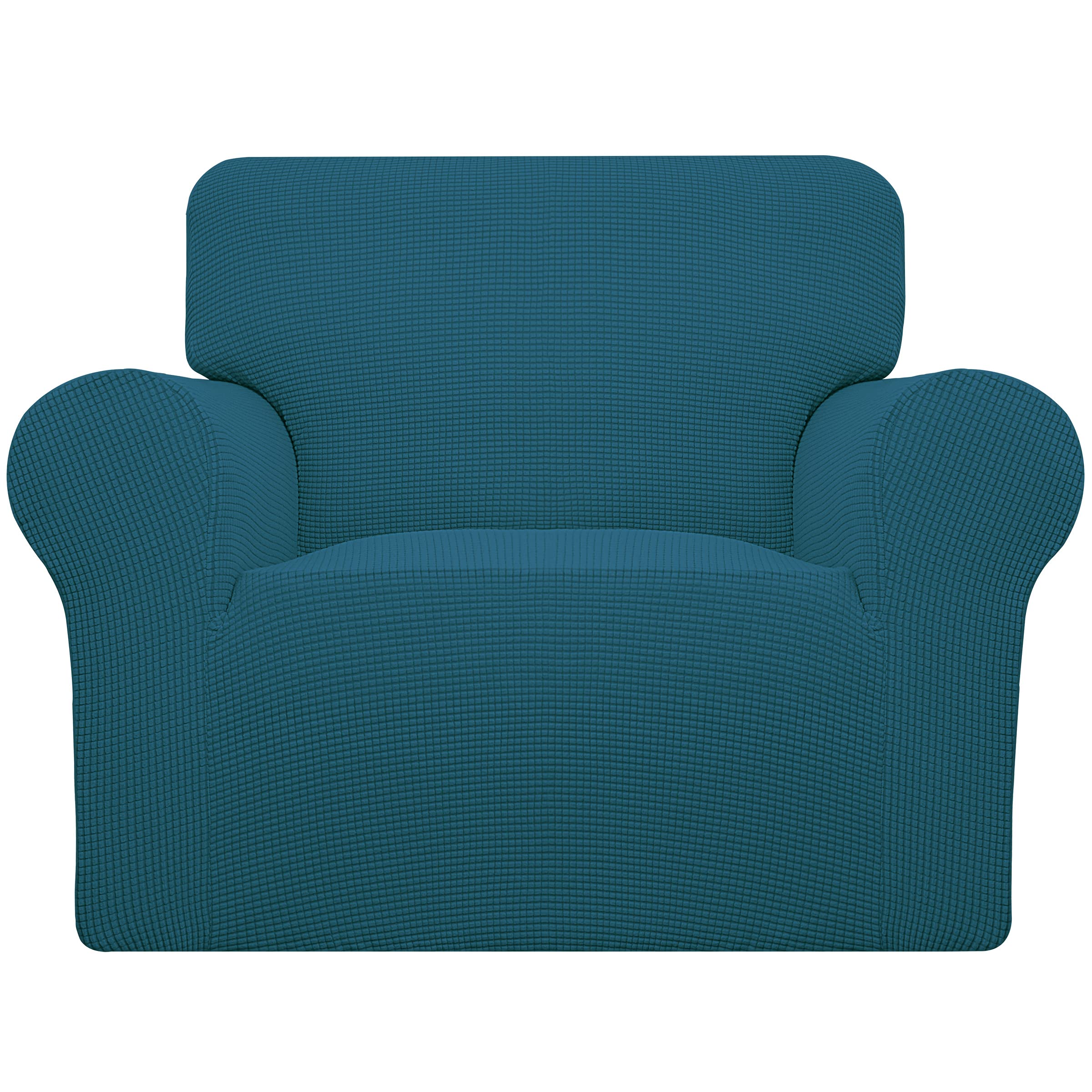 Stretch Chair Sofa Slipcover - 1-Piece Elastic Couch Cover, Soft Spandex Jacquard Fabric with Checkered Pattern - Furniture Protector for Living Room, Bedroom, Office (Peacock Blue, Chair Size) - Perfect for Homes with Kids & Pets, Easy to Install & Machine Washable