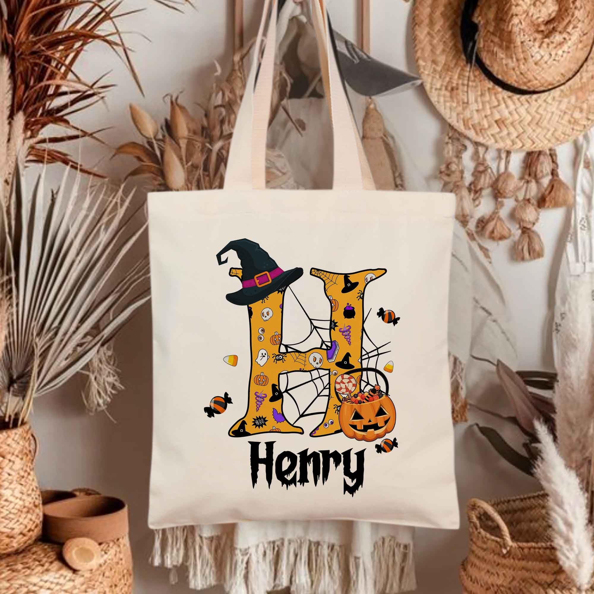 Personalized Halloween Trick or Treat Bags with Names - 5 Custom Font Designs, 15x16 Inch Reusable Tote Bags for Women & Kids, Witch-Themed Halloween Party Favors, Trick-or-Treating & Costume Accessories (Design 1)