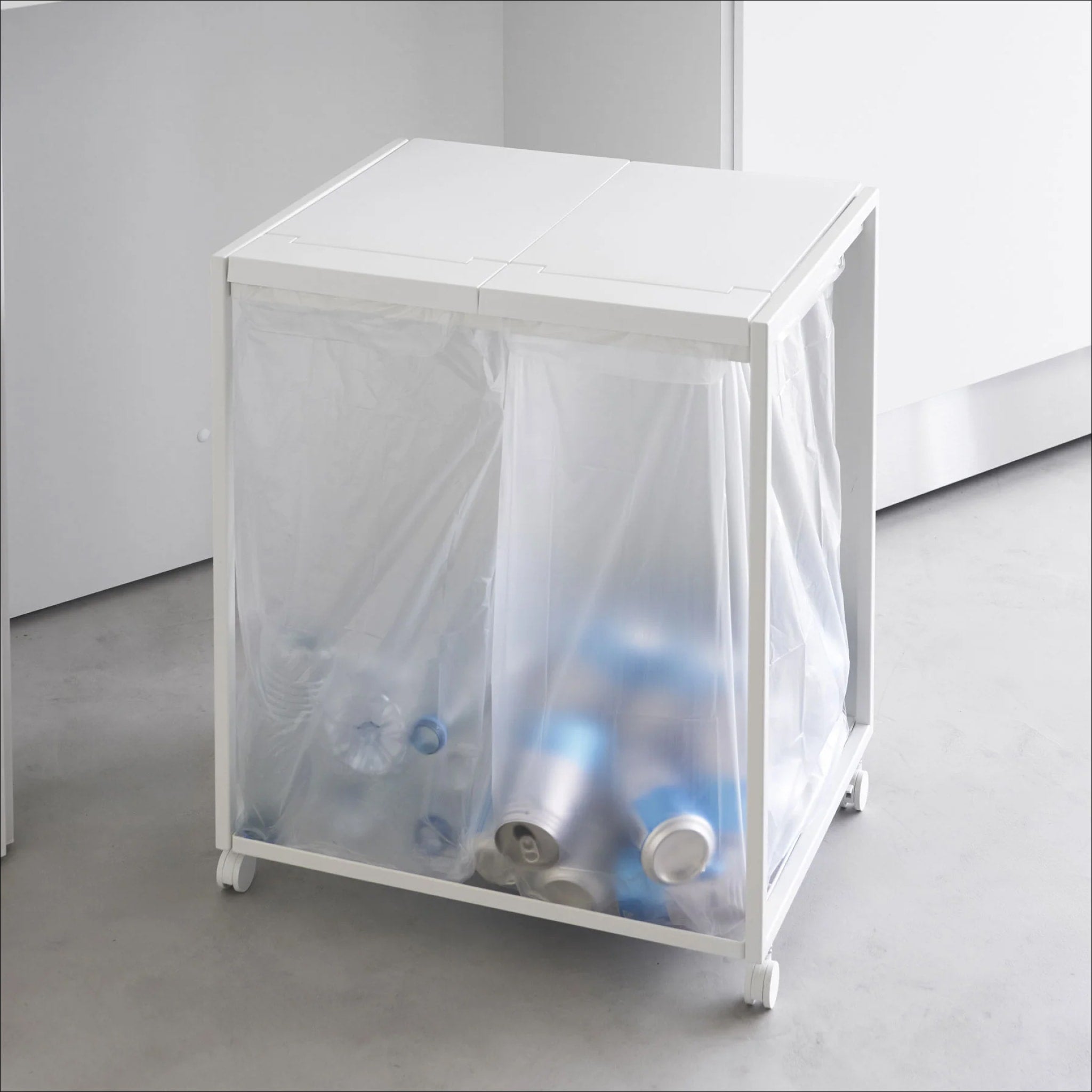 YAMAZAKI 2-Compartment Rolling Trash Can with Wheels for Kitchen & Office Recycling - White, Space-Saving Waste Bin for Home & Office Organization