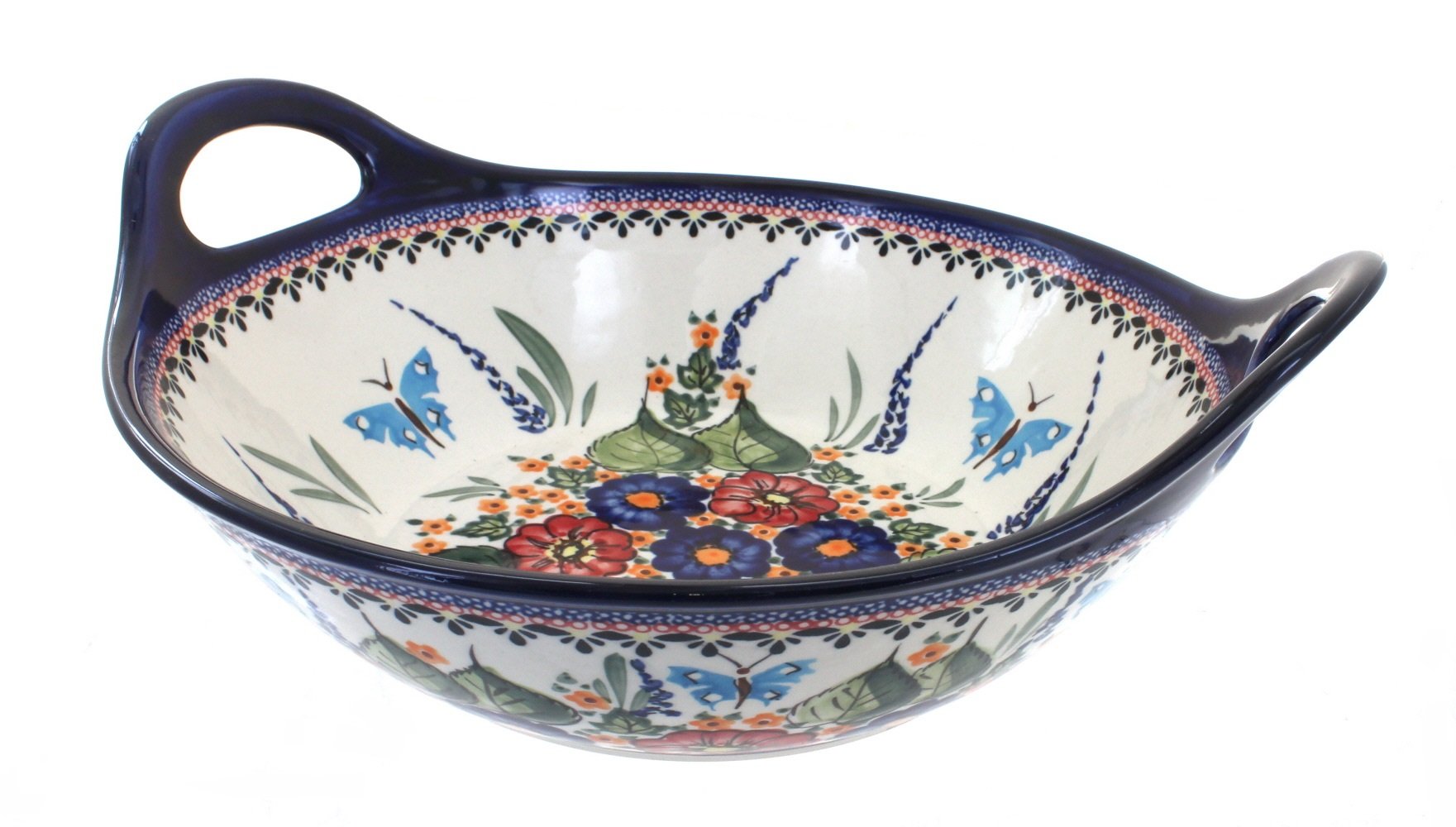 Handmade Blue Rose Polish Pottery Bowl with Floral Butterfly Design & Handles – Elegant Serving Bowl for Soup, Salad, or Decorative Display