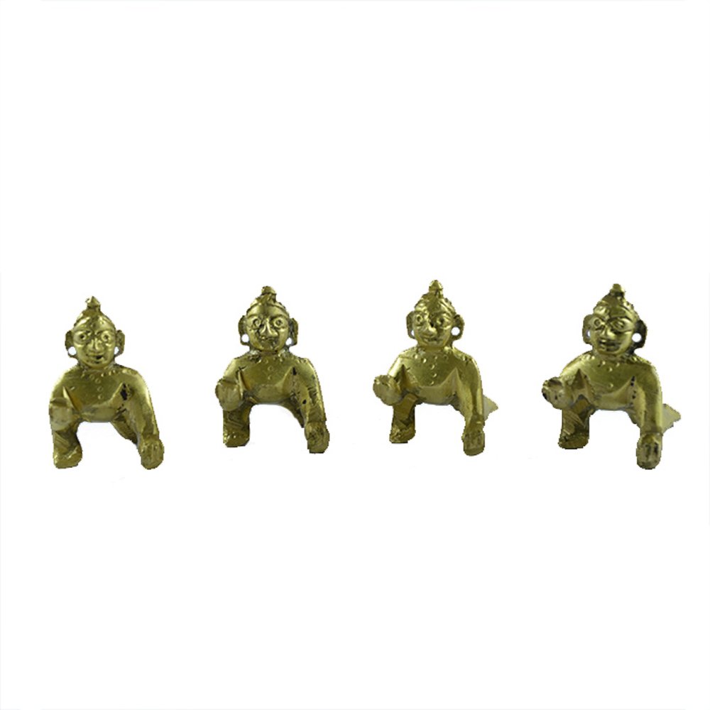 Brass Lord Krishna Laddoo Gopal Statue Set of 4 - Hindu God Idols for Home Temple Pooja & Spiritual Decor
