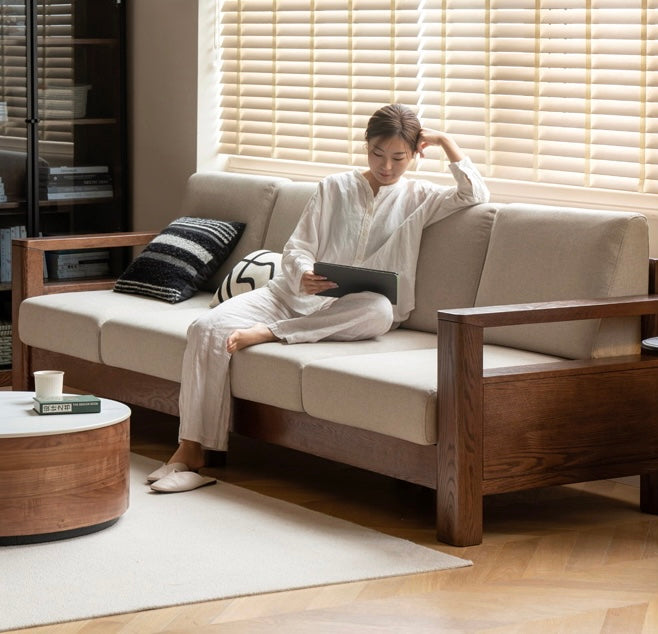 Solid Oak Wood Walnut Fabric Sofa - Modern Living Room Furniture for Home & Office Comfort