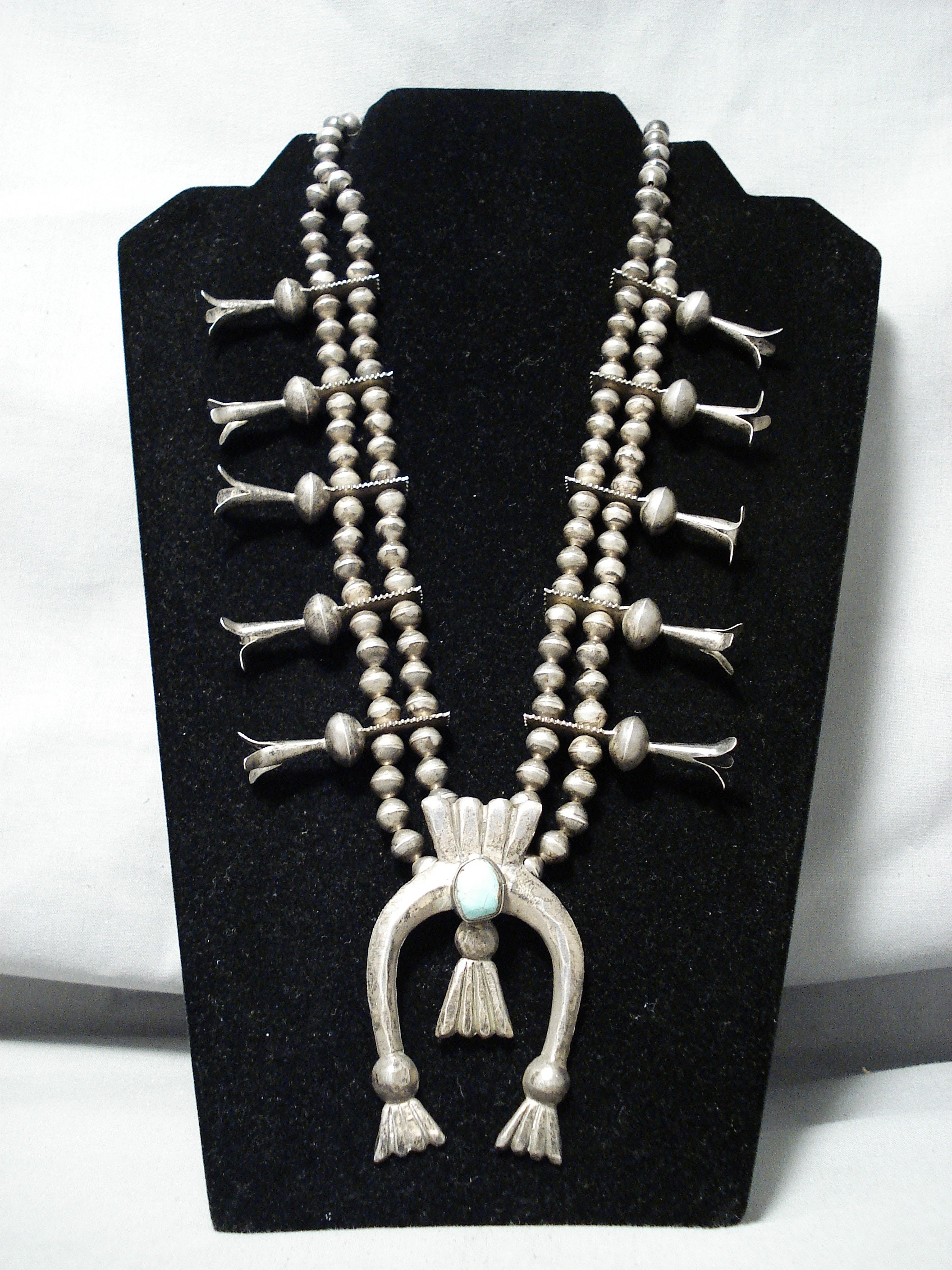 1920's Vintage Navajo Turquoise Sterling Silver Squash Blossom Necklace - Authentic Native American Jewelry for Women, Perfect for Boho Fashion, Weddings & Special Occasions