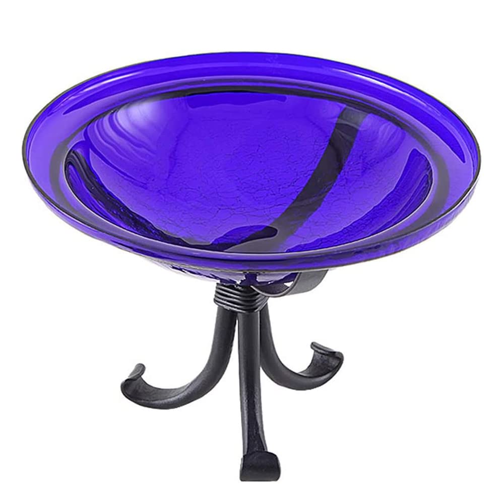 12 Inch Cobalt Blue Crackle Glass Tripod Stand Bird Bath for Garden - Outdoor Decorative Bird Feeder with Elegant Crackle Finish, Perfect for Attracting Birds to Your Backyard or Patio