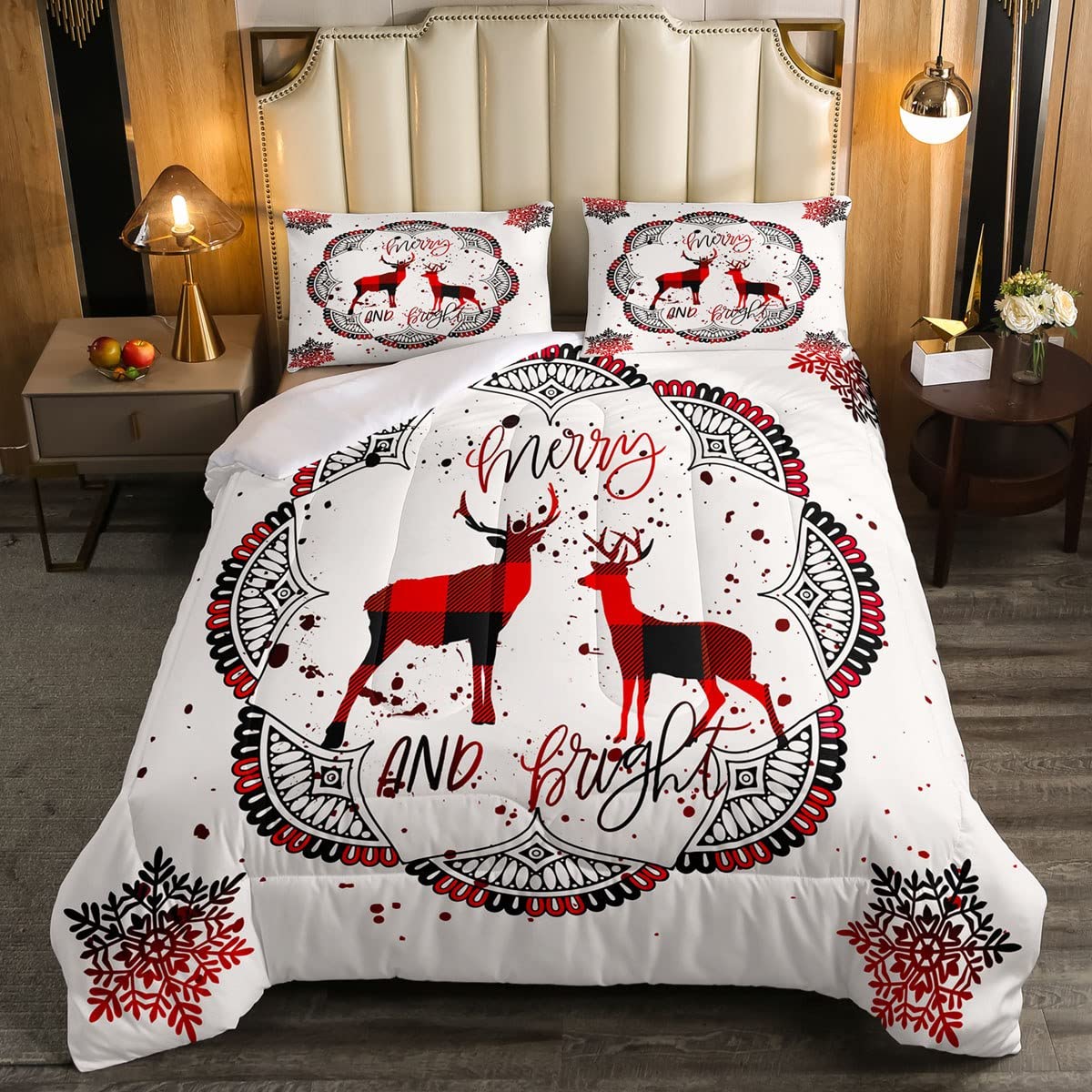 Christmas Elk Bedding Comforter Set Full - Exotic Floral Print Red & Black Snowflake Brushed Microfiber Soft Quilt Set for Teens & Adults - Cozy Winter Bedroom Decor for Holidays & Home Styling