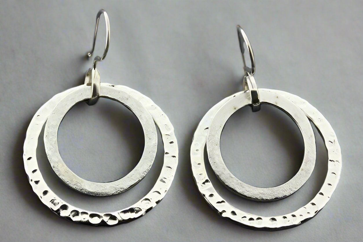 2 Loop Textured Silver Earrings for Women - Boho Chic Dangle Hoop Earrings for Everyday Wear & Party Outfits