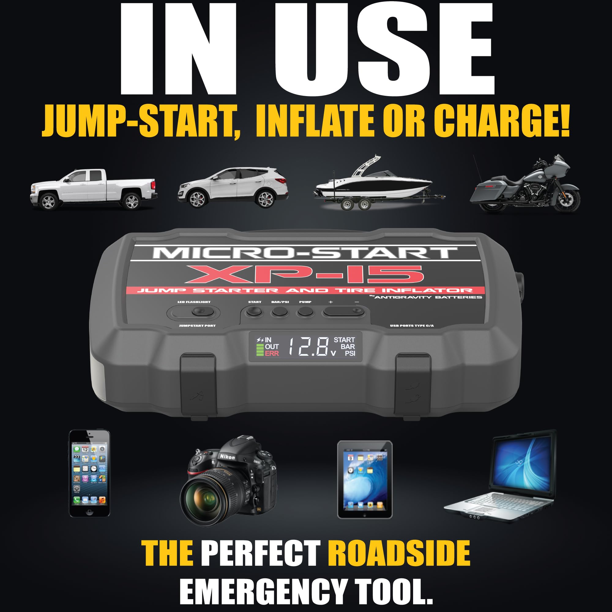 Antigravity XP-15 Micro-Start Lithium Jump-Starter with Built-in Air Compressor - 2000A Peak Portable Power Bank for Gas & Diesel Vehicles - USB-C & USB-A Charging Ports for Phones & Electronics - Emergency Car Battery Booster for Road Trips & Outdoor Adventures