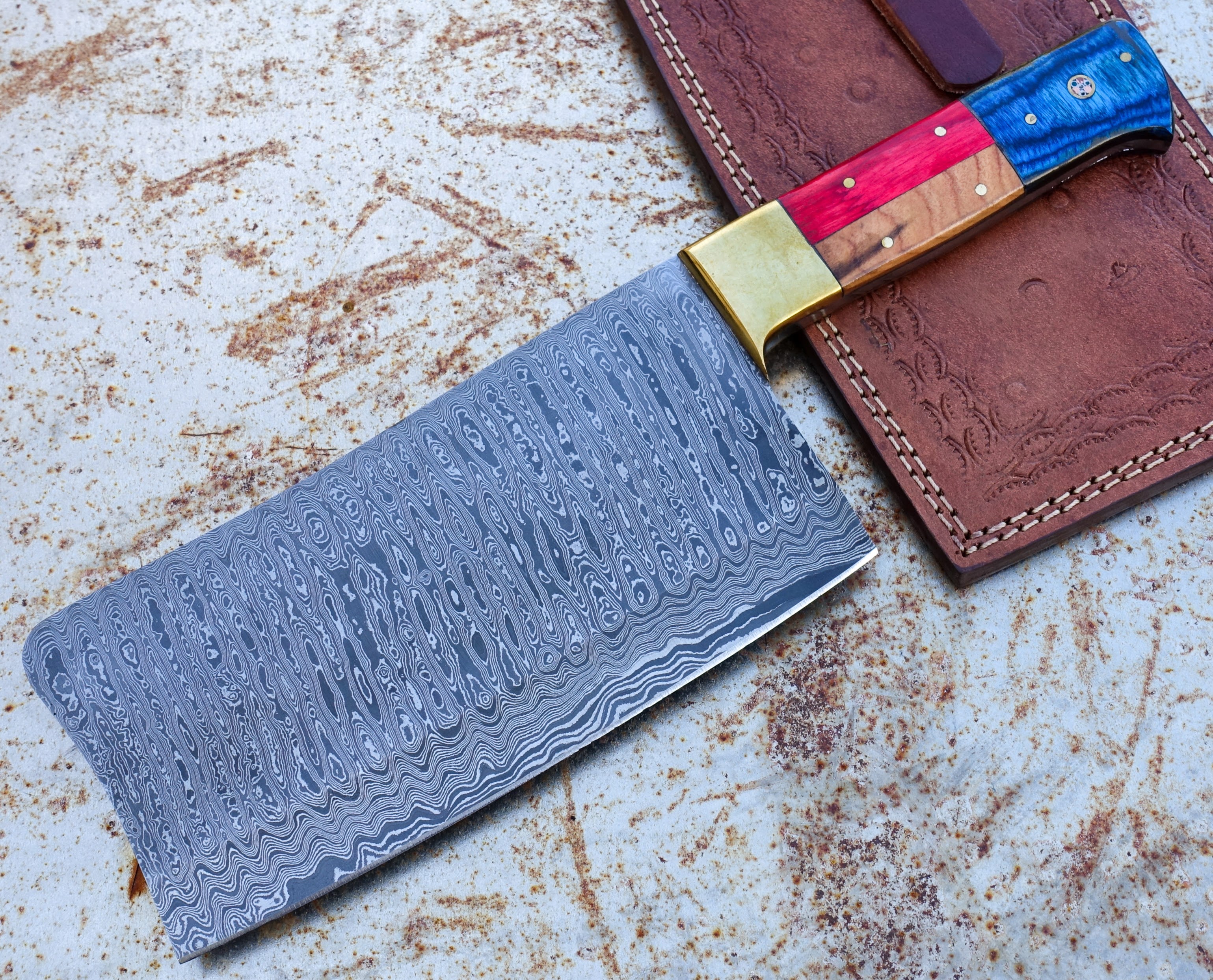 HK Knives 7-Inch Damascus Steel Cleaver with Sheath - Premium Kitchen Knife for Professional Chefs & Home Cooking, Perfect for Meat Cutting, Vegetable Chopping & Food Preparation