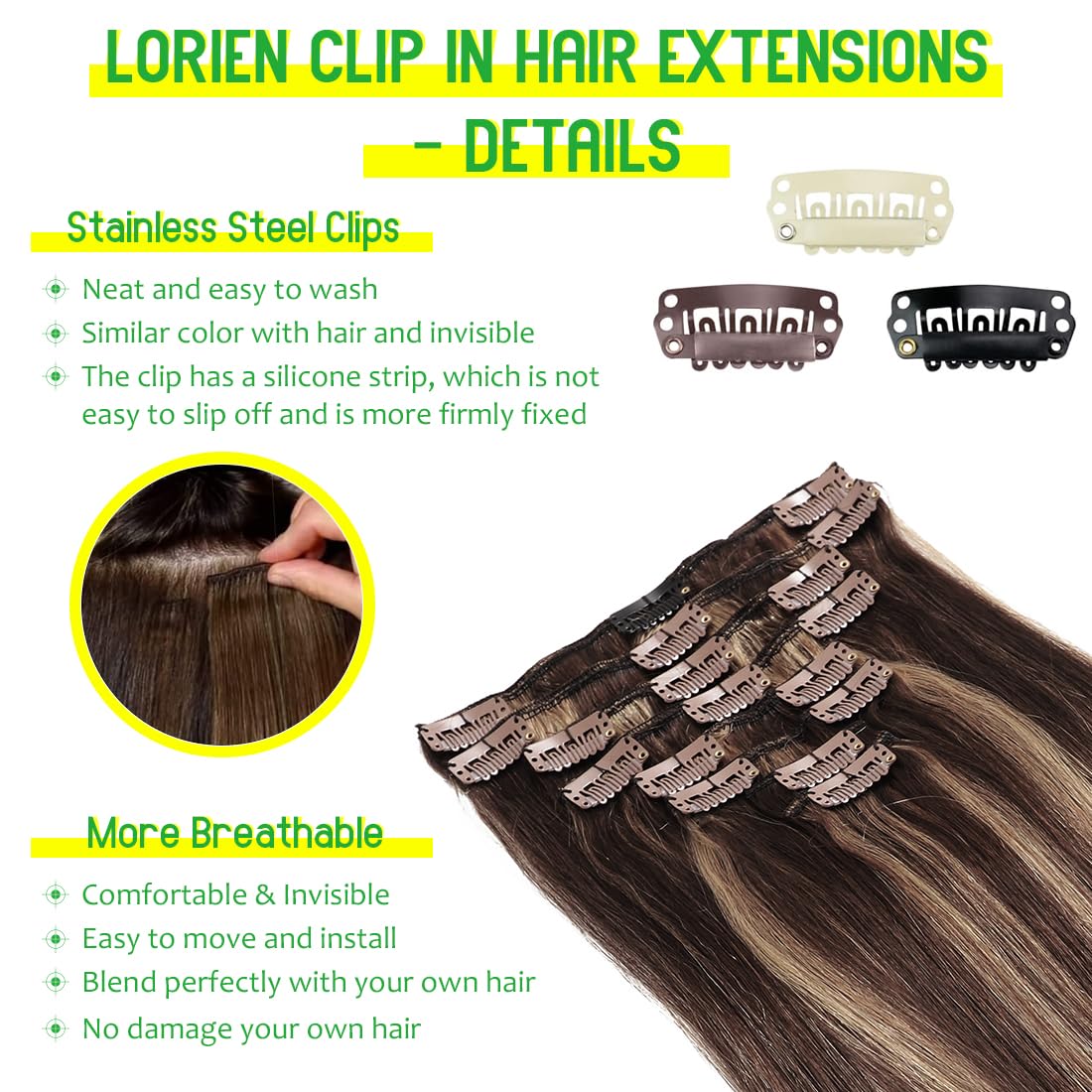24 Inch 120g Clip-in Human Hair Extensions - 100% Brazilian Remy Hair, 8pcs Set with 18 Double Weft Clips, 2/6 Dark Brown to Chestnut Brown | Perfect for Volume, Length & Styling for Parties, Weddings & Everyday Wear