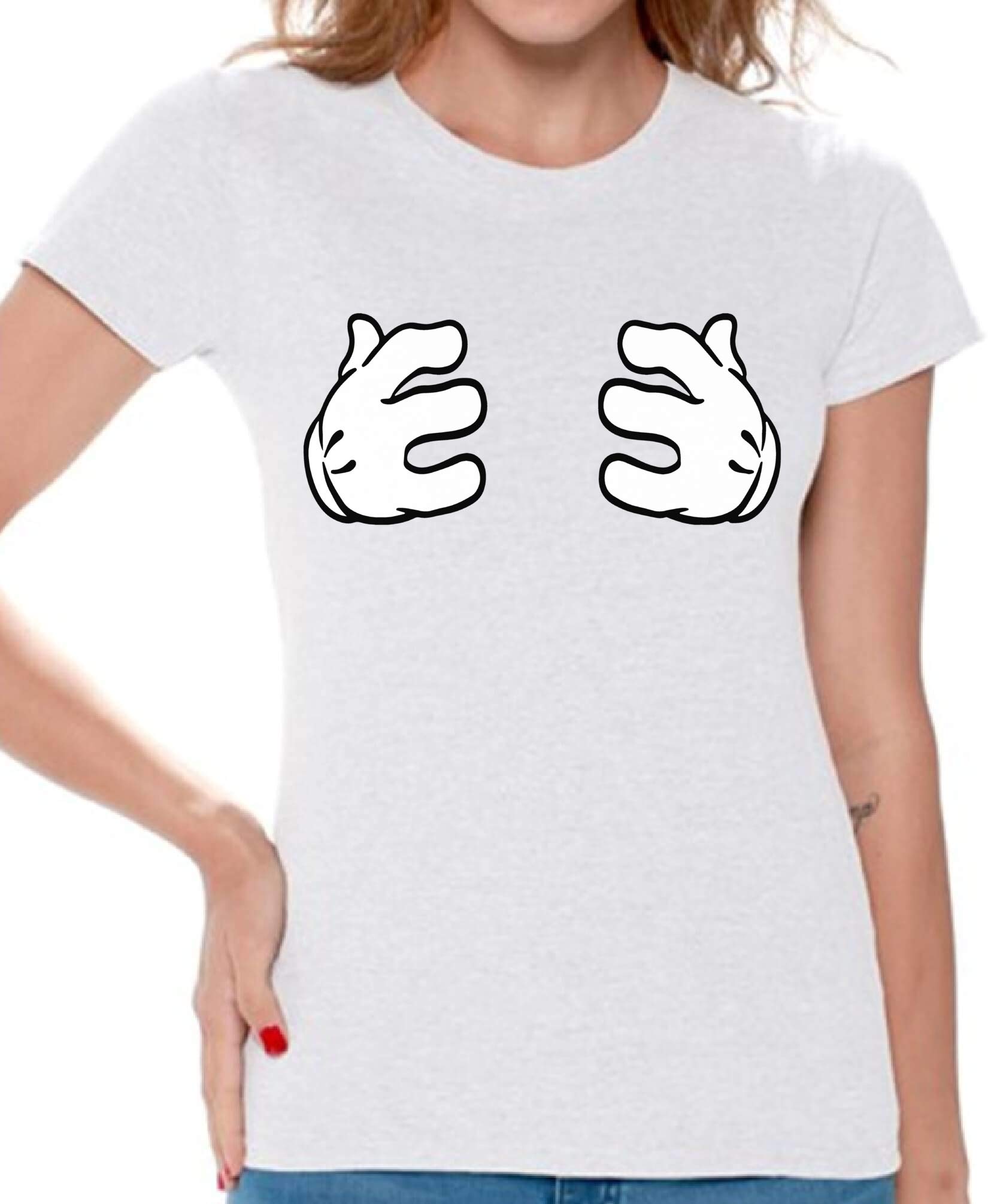 Funny Women's Cartoon Hands Grabbing Boobies Graphic T-Shirt with Free Bookmark - Perfect for Casual Wear, Bachelorette Parties & Gag Gifts