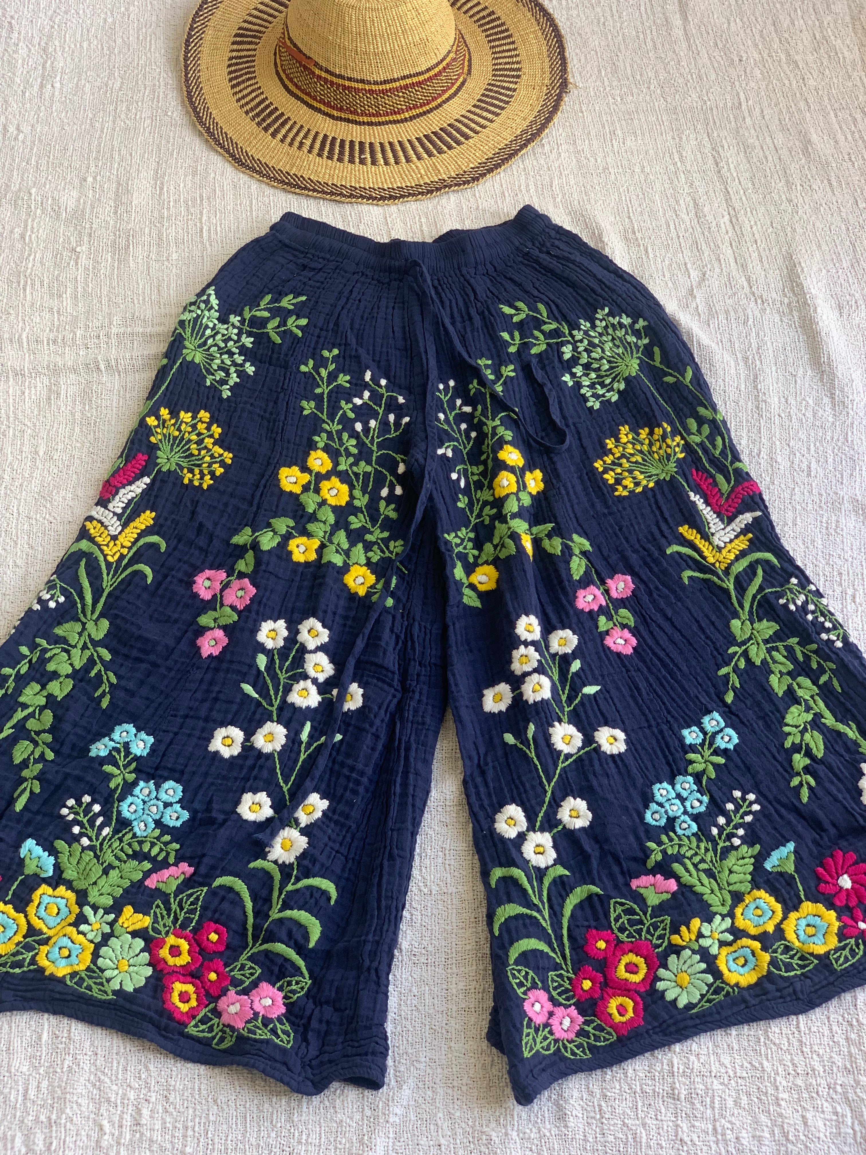 Boho Floral Embroidered Pants for Women - Handmade Chiang Mai Style Cotton Trousers in Blue | Perfect for Beach, Yoga, and Festival Outfits