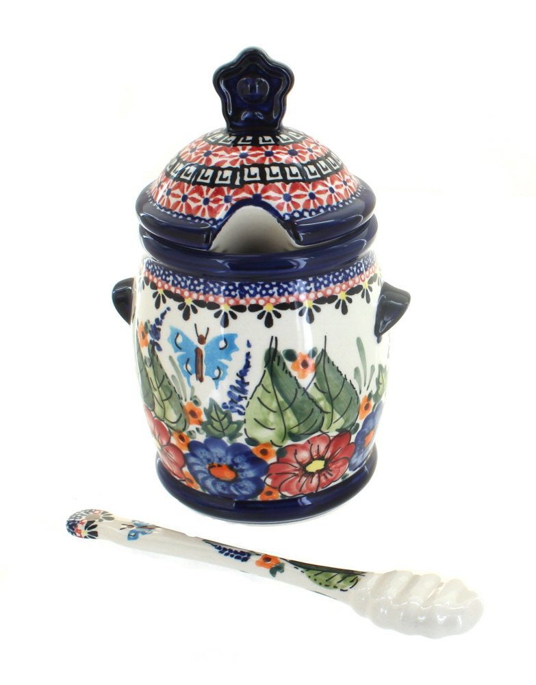 Blue Rose Polish Pottery Floral Butterfly Honey Pot with Dipper - Handmade Ceramic Honey Jar for Tea, Coffee & Breakfast Table Decor