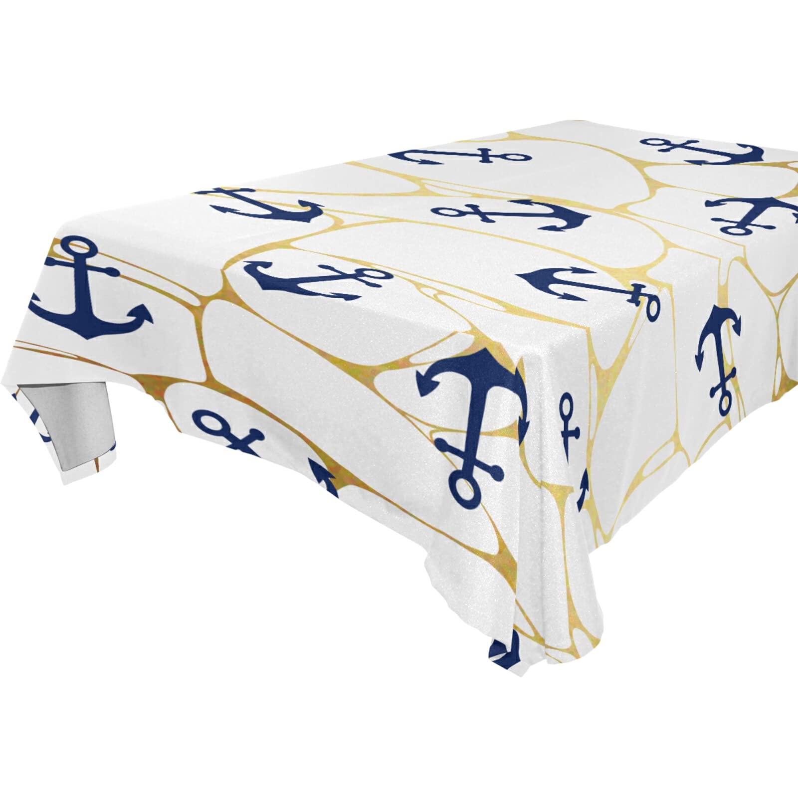 Gold Marble Nautical Anchor Print Tablecloth 60x84 Inch - Waterproof Rectangle Table Cover for Kitchen Dining, Farmhouse Decor, Beach Party & Picnic - Coastal Themed Table Runner Protector for Rustic Home Decor