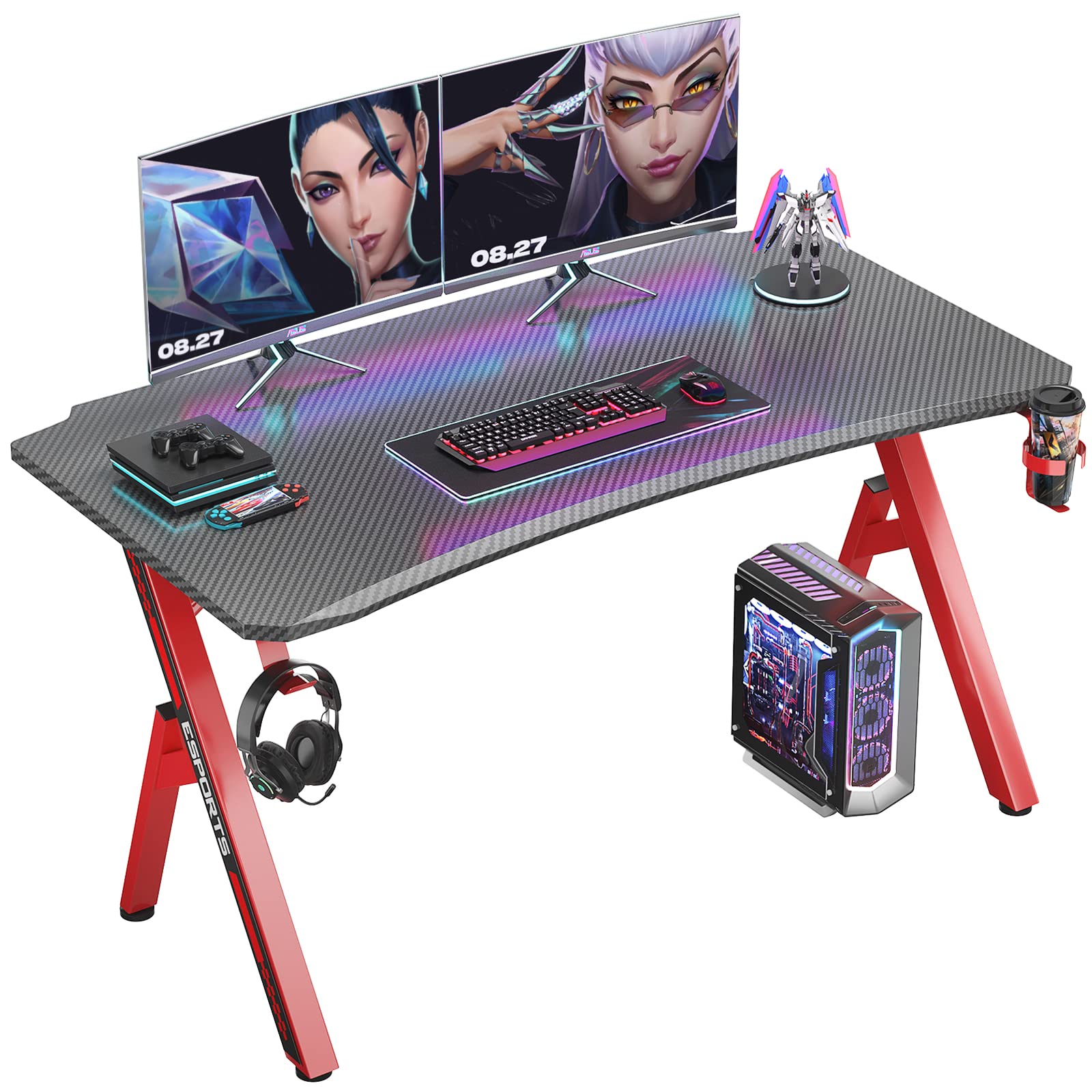 Foxemart 47 Inch Gaming Desk - Ergonomic PC Computer Desk for Home Office & Workstation with Cup Holder & Headphone Hook - Perfect for Gamers, Streamers & Remote Workers