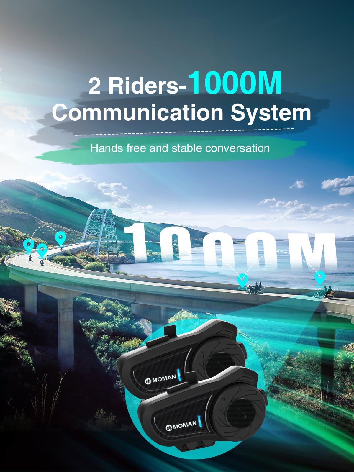 Moman H2 Pro Motorcycle Bluetooth Intercom Headset - Wireless Helmet Communication System with DSP/CVC Noise Cancellation, IP65 Waterproof, 1000M Range - Ideal for Group Riding, Touring & Adventure Motorcycling