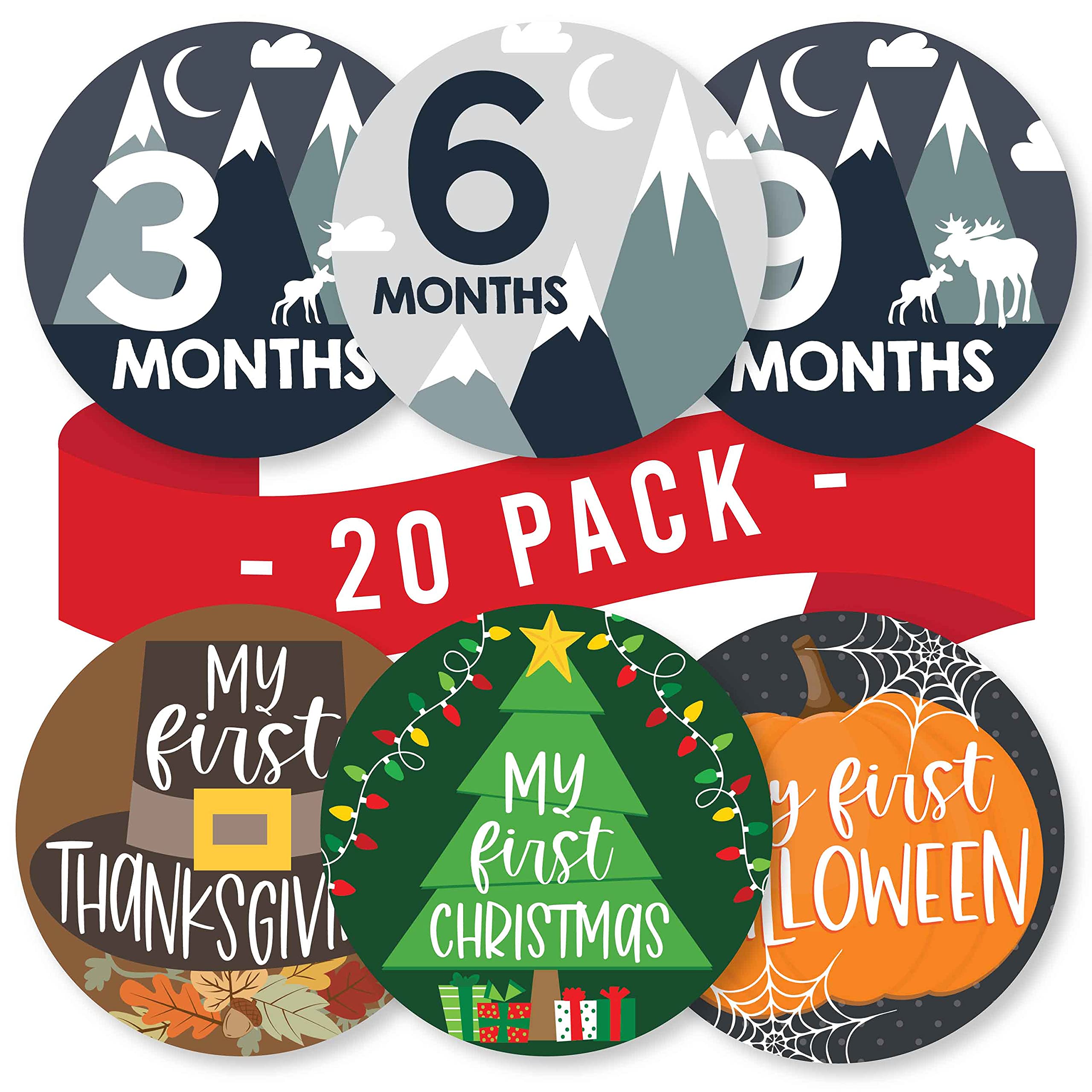 Adventure Baby Monthly Milestone Stickers for Boys - 20 Pack of Baby Boy Photo Props | Perfect for First Year Photos, Baby Books, and Monthly Growth Tracking