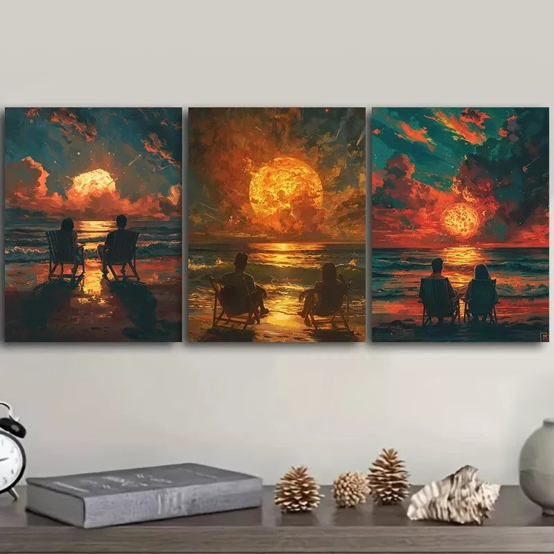 3pcs Romantic Couple Beach Sunset Painting Wall Art Set - Framed Canvas 40x60cm - High Quality Print - 100% Australian Made - Ready to Hang - Perfect for Living Room, Bedroom & Beach House Decor