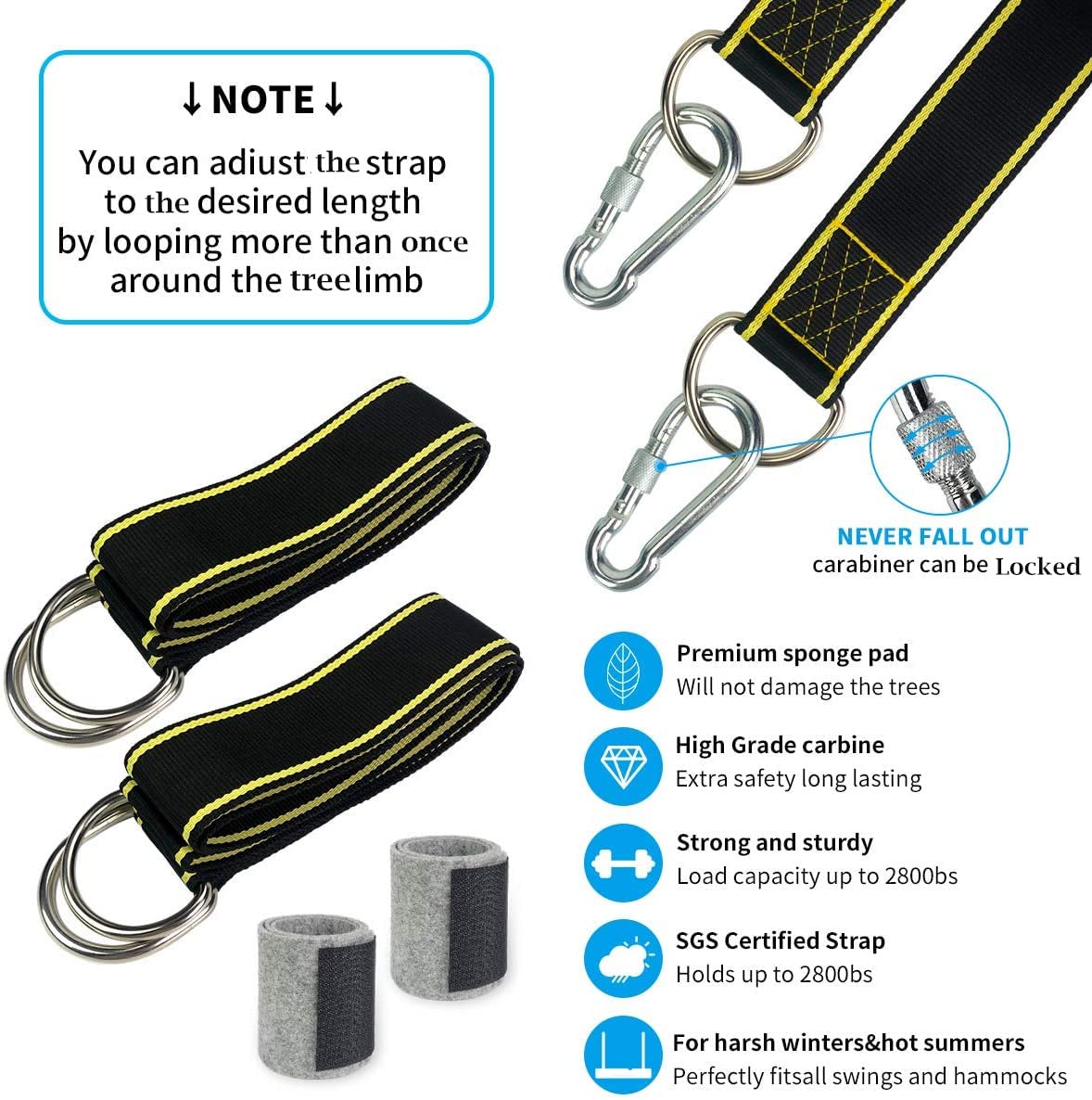 Heavy Duty Tree Swing Hanging Straps Kit - 2800 lbs Weight Capacity (SGS Certified), 5ft x 2 Hammock Straps with 2 Locking Carabiners & Tree Protectors, Durable Polyester Straps for Backyard, Camping, Parks - Perfect for Hammocks, Swings & Outdoor Relaxation