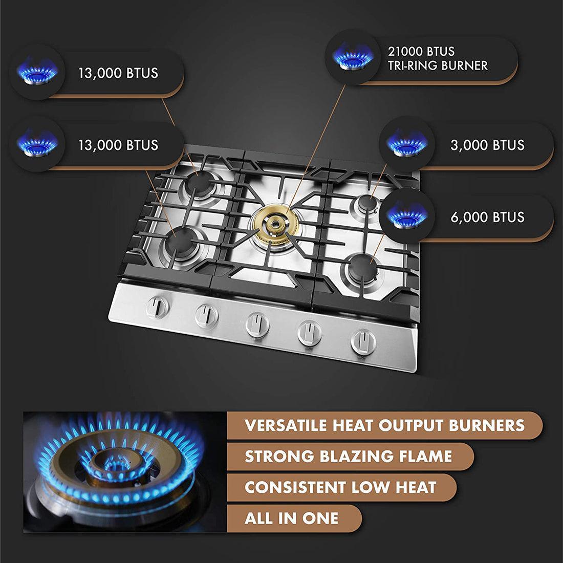 Fotile GLS30501 30-Inch 5-Burner Stainless Steel Gas Cooktop - Tri Ring Series for Professional Cooking | Perfect for Home Kitchens & Restaurant Use