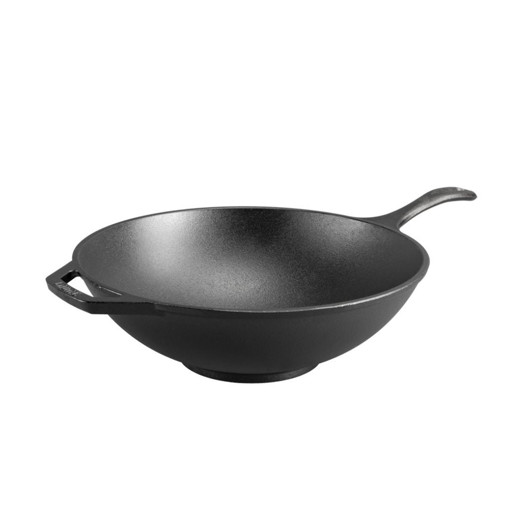 Cast Iron Wok Pan - 12 Inch Chef Collection Skillet for Stir Fry, Deep Frying & Asian Cooking - Pre-Seasoned Carbon Steel Wok with Wooden Handle - Perfect for Home Kitchen & Restaurant Use