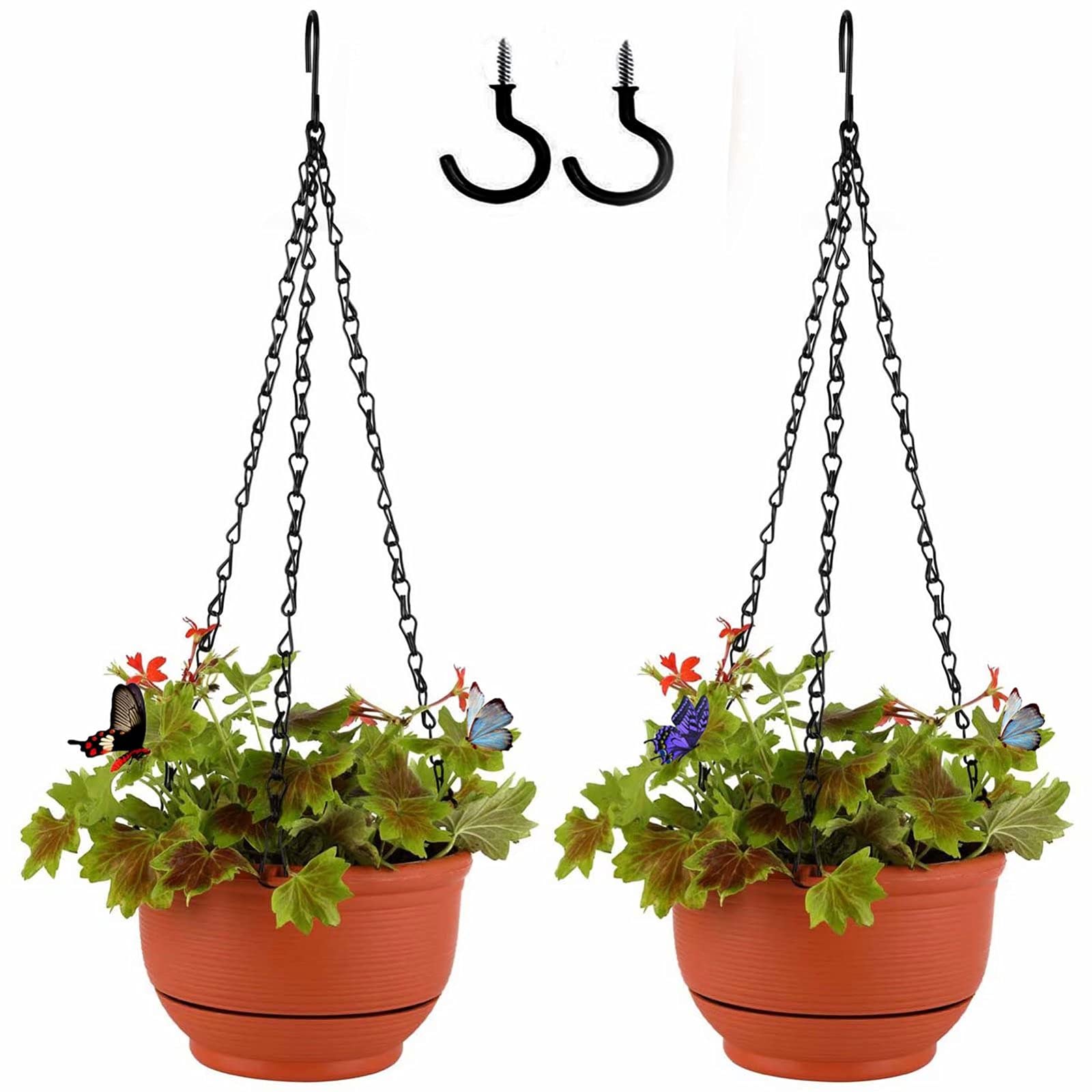 9 Inch Red Plastic Hanging Planter Pots with Detachable Base & Chain - Set of 2 Round Self-Watering Flower Pots for Indoor Plants, Succulents, Home & Garden Decor - Perfect for Balconies, Patios, and Living Room Greenery