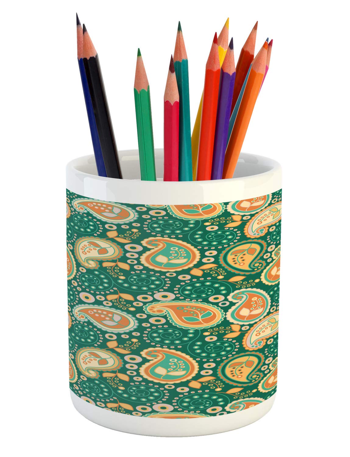 Ambesonne Ethnic Ceramic Pencil Holder - Folkloric Paisley Leaves Floral Design for Desk & Office Organization | Home & Office Decor Accessory in Apricot Hunter Green | Perfect for Writers, Students & Professionals