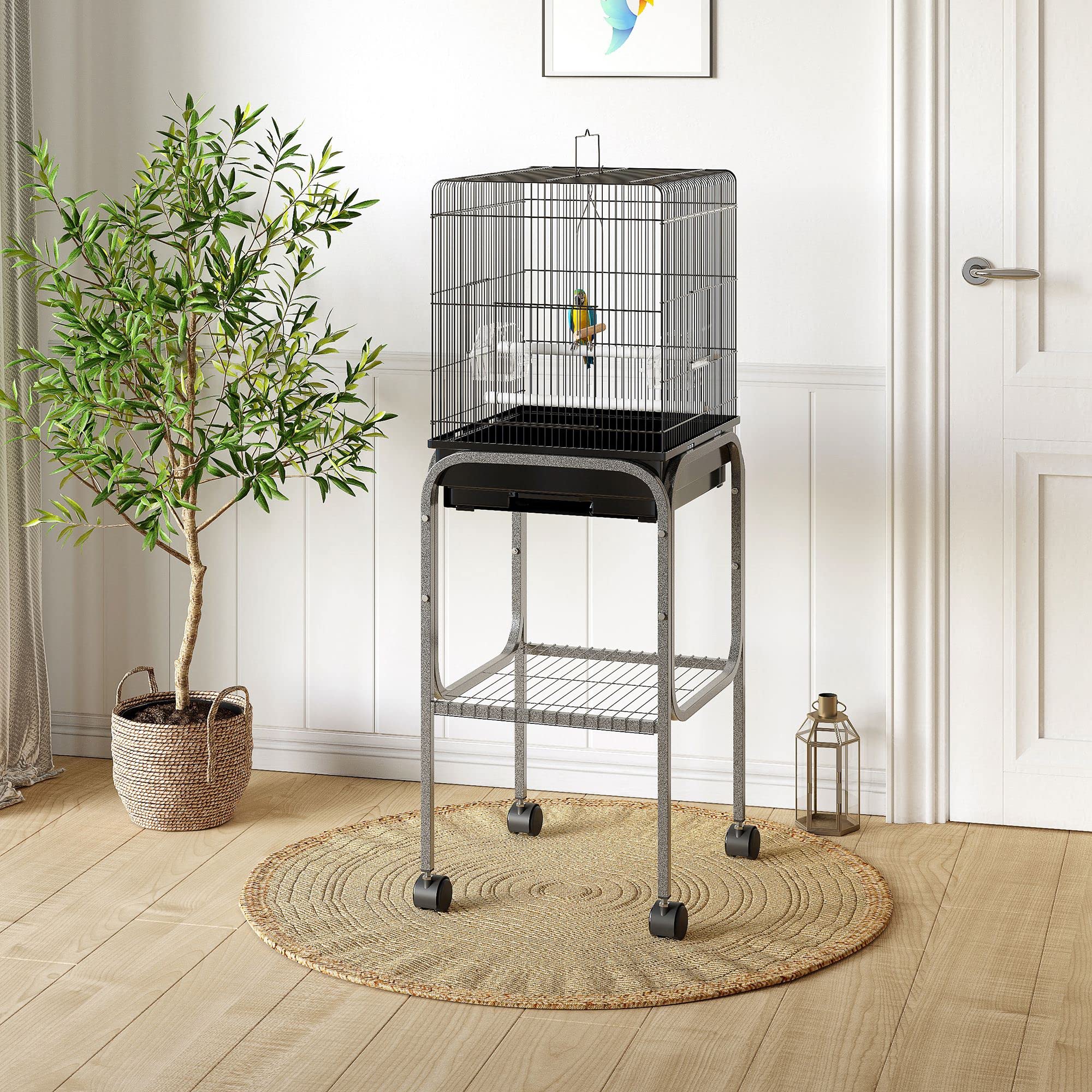 Pawhut 45-inch Black Metal Indoor Bird Cage - Large Parrot Cage with Detachable Rolling Stand, Storage Basket & Accessories | Perfect for Cockatiels, Parakeets & Small Birds - Home & Aviary Use