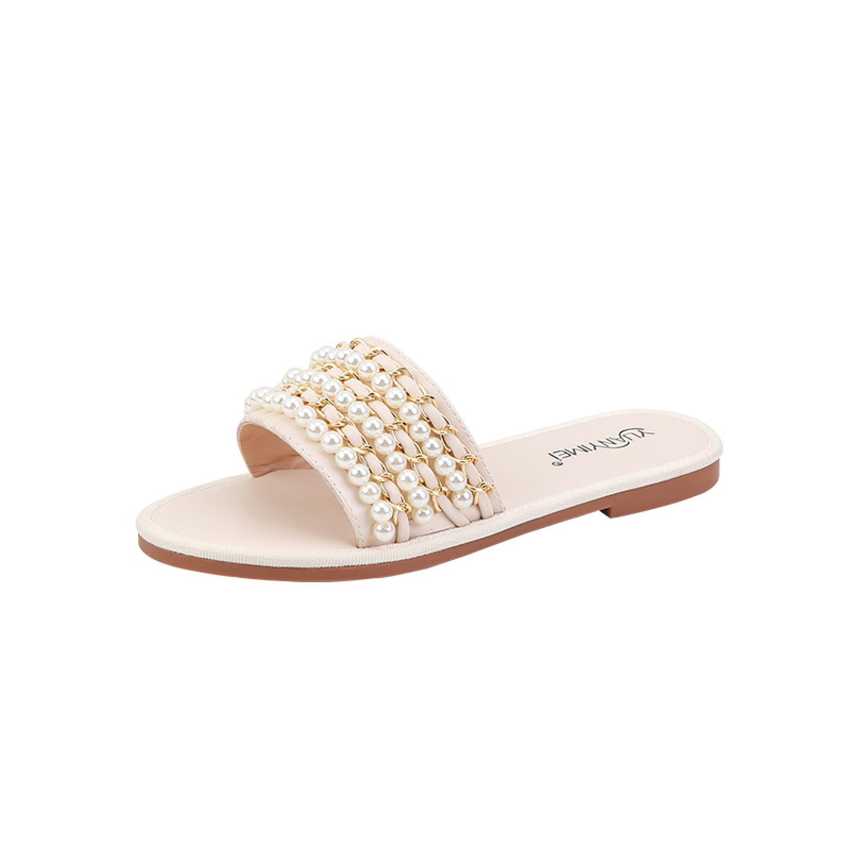 Women's Comfortable Pearl Beaded Flat Slide Sandals - Open Toe Single Band Summer Slippers for Beach, Poolside & Casual Wear
