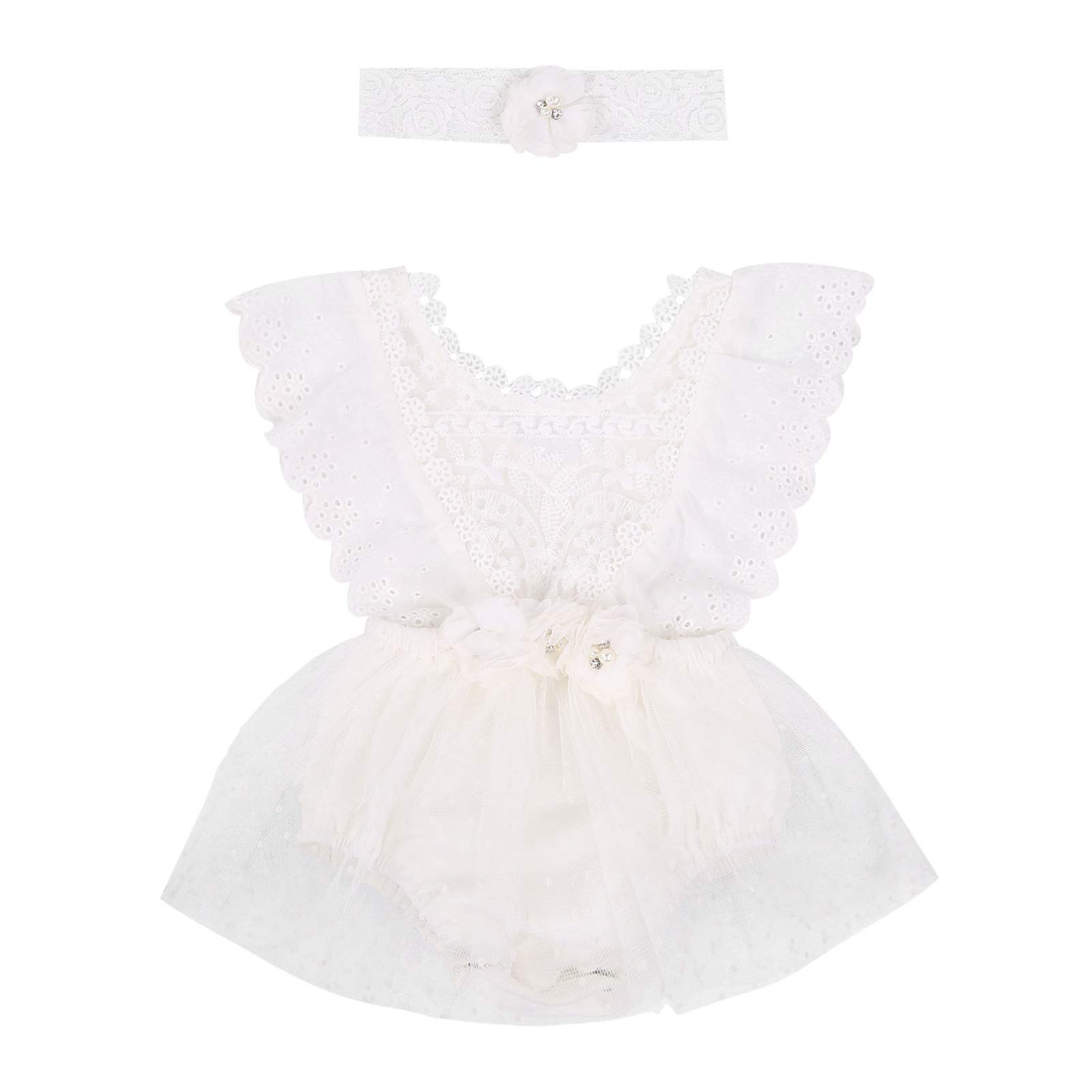 Kayotuas Baby Girl Lace Romper - Boho Style Newborn Photography Outfit with Ruffle Sleeves & Tutu Skirt - Infant Jumpsuit for Special Occasions, Birthday Parties, and Photo Shoots