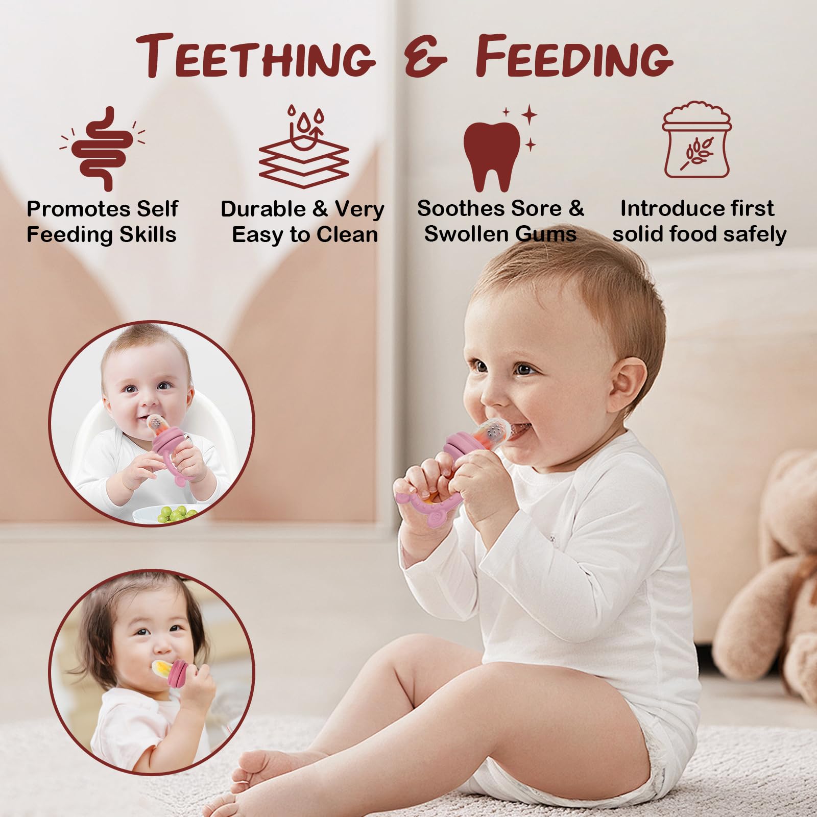 WAJIAYON 4-Pack Silicone Baby Breastmilk Popsicle Molds & Fruit Feeder - BPA-Free Freezer Storage Containers, Teething Pacifier and Soother for Infants - Perfect for Homemade Puree, Breastmilk Storage & Teething Relief (Pink)