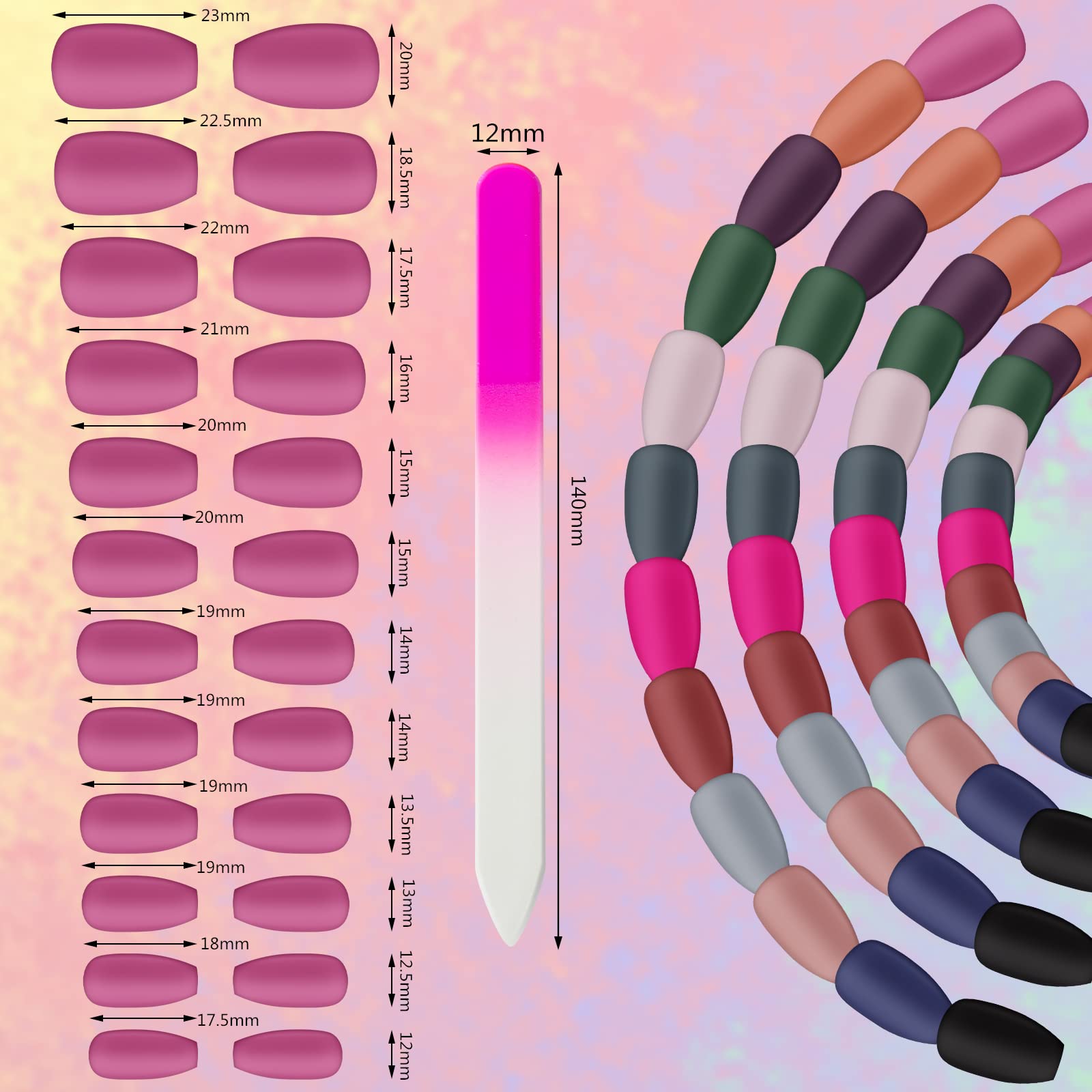 288pcs Matte Acrylic Ballerina Coffin False Nails - 12 Full Cover Sets with Crystal Nail File - Natural Medium Length Press On Nails for Women - Perfect for Parties, Weddings & Daily Wear