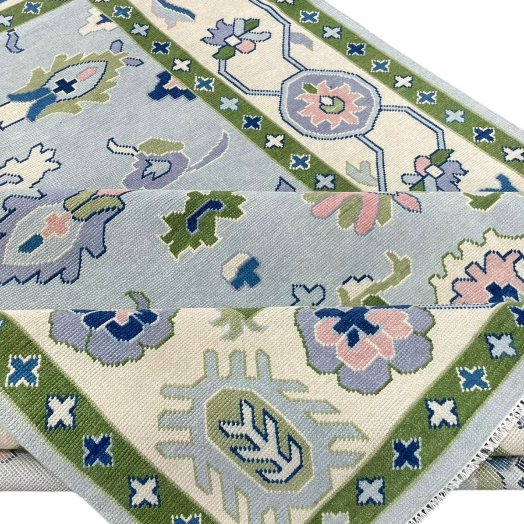 Handmade Byram Oushak Rug in Meadow Green - Authentic Turkish Wool Area Rug for Living Room, Bedroom & Dining Room Decor