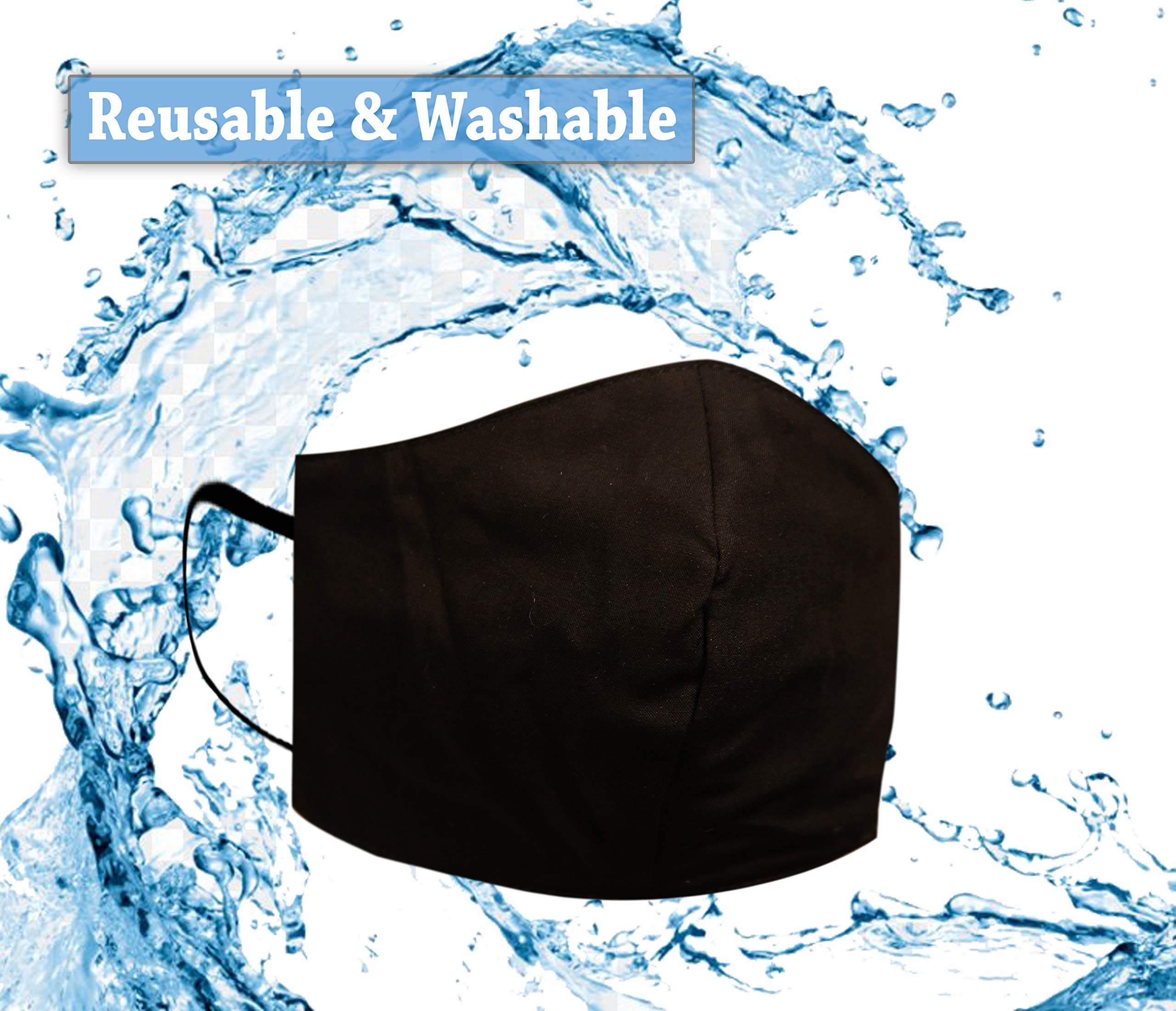 2-Ply Black Reusable Cotton Face Mask - Washable & Breathable Face Covering for Daily Use, Pack of 3 (One Size Fits All) - Perfect for Work, Travel & Outdoor Activities