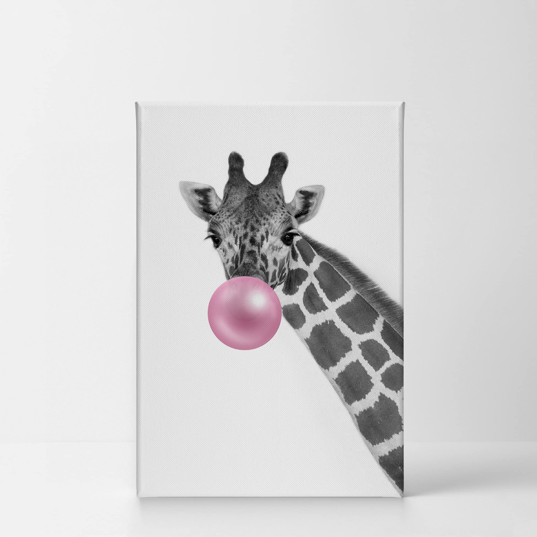 Smile Art Design Giraffe Animal Canvas Print - Pink Bubble Gum Art Black & White Wall Decor - Handmade in USA - 36x24 Inches - Perfect for Nursery, Kids Room, Baby Shower Gift & Modern Home Decor