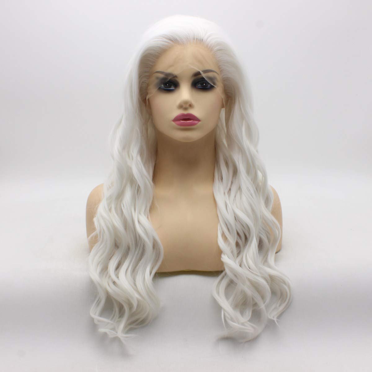 Heat Resistant Synthetic Lace Front Wig - Long Wavy White Half Hand Tied Hairpiece for Halloween Costume, Cosplay, Parties & Themed Events