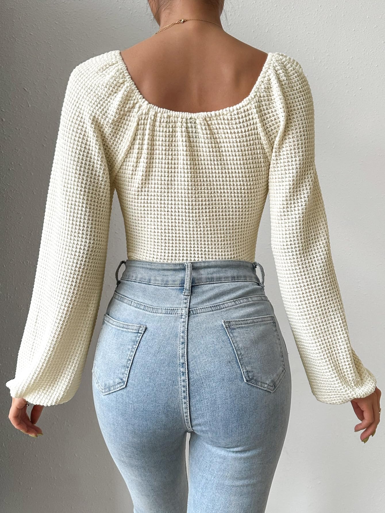 MakeMeChic Women's Waffle Knit Scoop Neck Long Sleeve Bodysuit Tops - Soft Stretchy Casual Shirt for Layering, Fall & Winter Outfits | Perfect for Work, Date Night & Everyday Wear