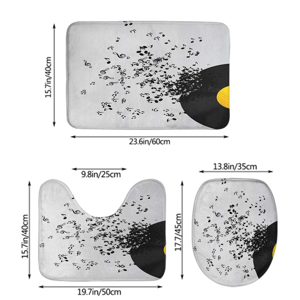 Vinyl Records Music Note Bath Mat Set - 3 Piece Non-Slip Bathroom Rug with Toilet Seat Cover | Waterproof Anti-Skid Shower Mat for Music Lovers' Home Decor