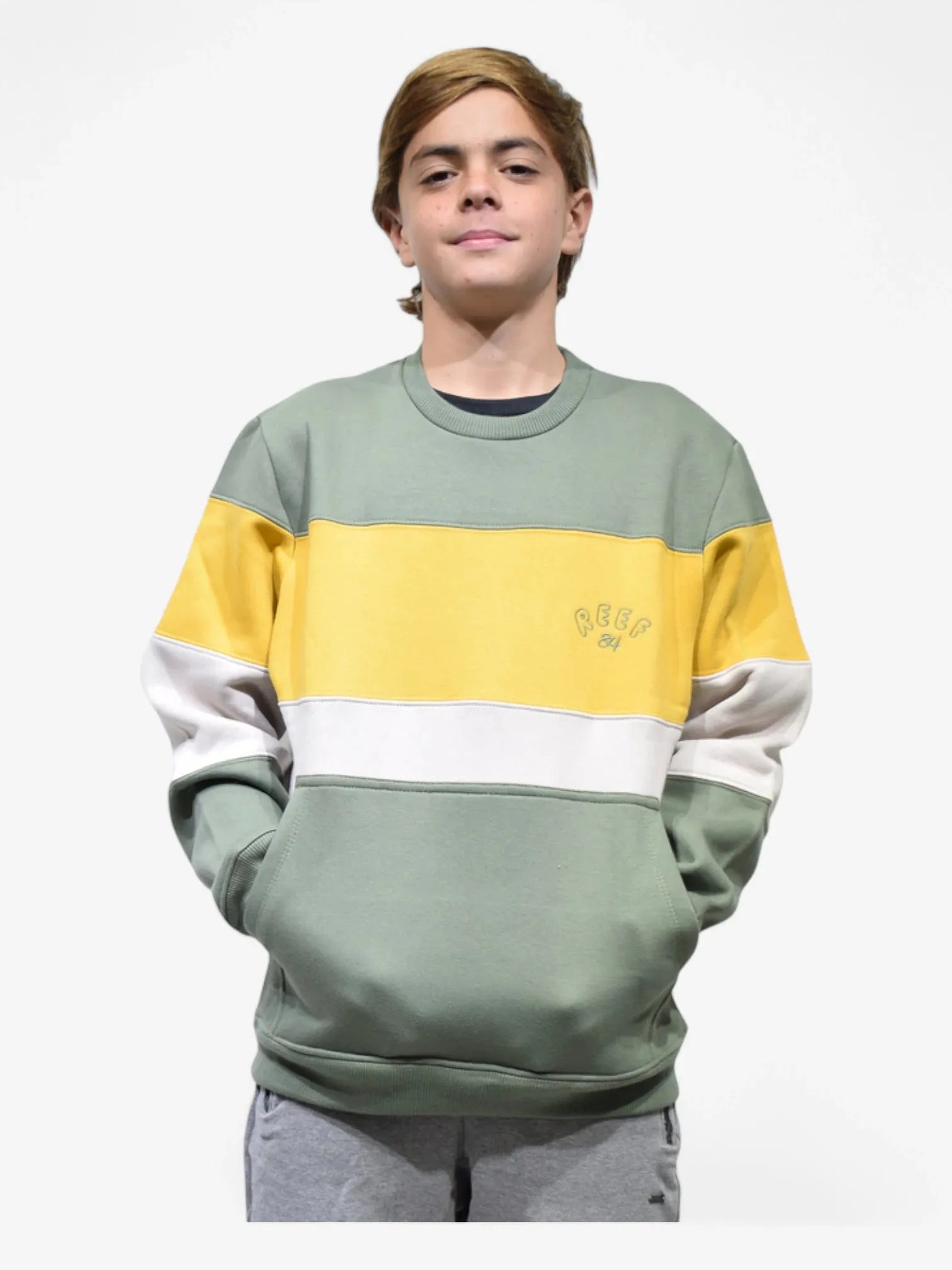Buzo Reef Crop Block Crew Green Yellow Kids Sweatshirt - Soft & Stylish for School, Play & Everyday Wear